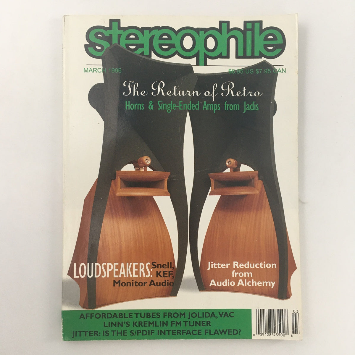 Cover of Stereophile Magazine March 1996, featuring articles on Jitter Reduction from Audio Alchemy and a focus on loudspeakers by Snell, KEF, and Monitor Audio, encapsulating audio technology of the 1990s.