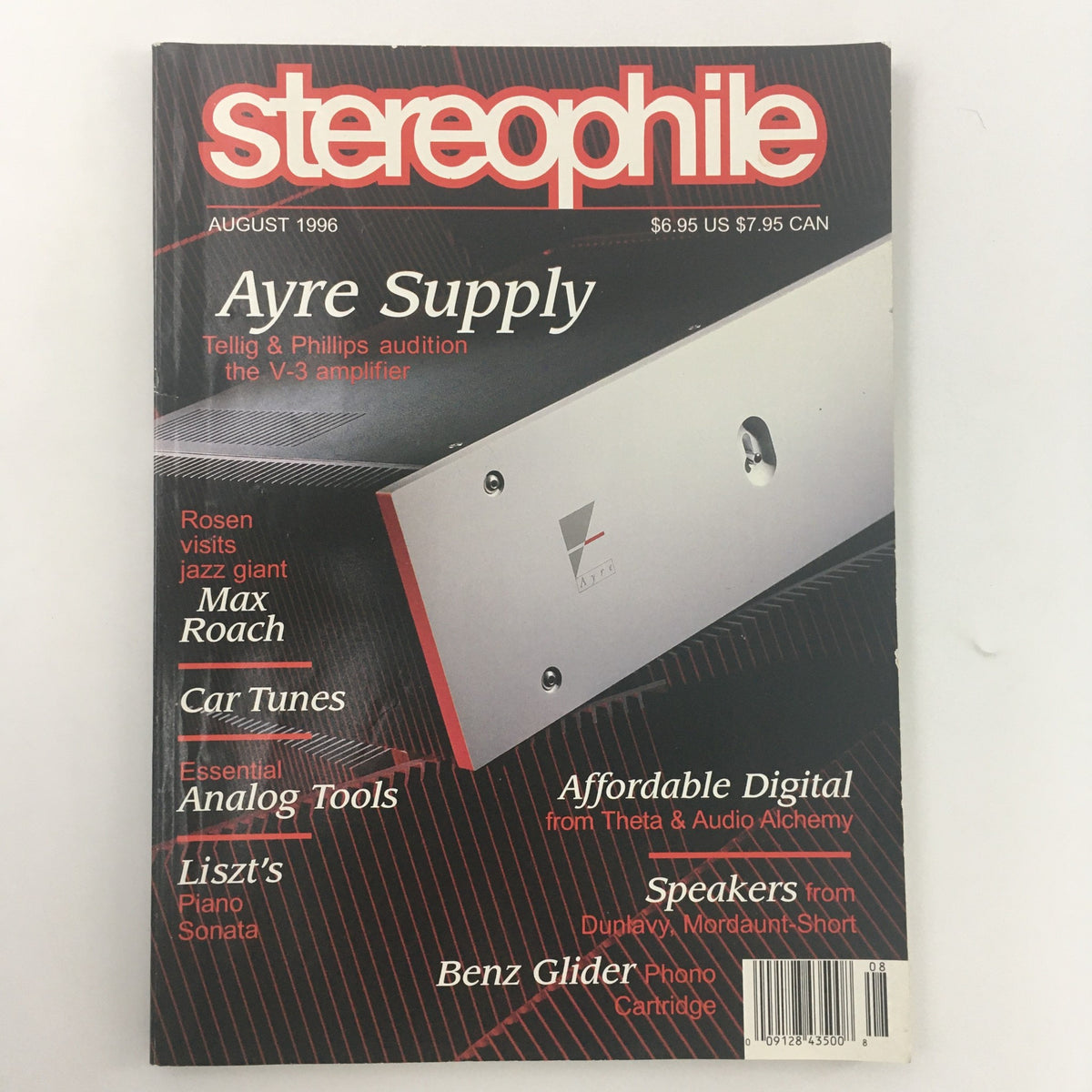 Cover of Stereophile Magazine, August 1996 issue featuring a headline about Max Roach, including topics like Ayre Supply and Affordable Digital, perfect for vintage magazine collectors and jazz music enthusiasts.