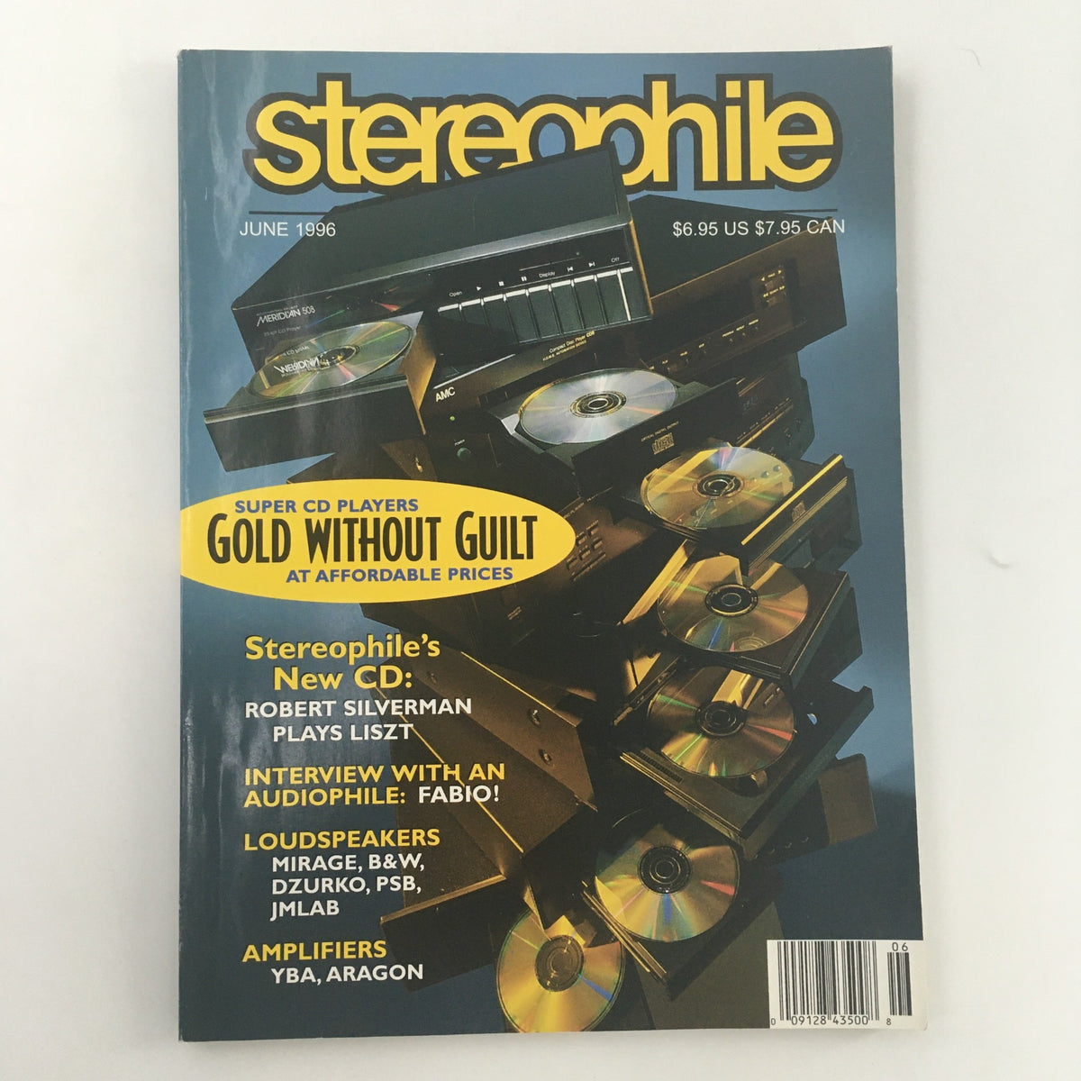 Cover of Stereophile Magazine from June 1996 featuring a review of Roberts Silverman's album 'Plays Liszt' with an illustration of CD players and CDs, emphasizing audio equipment and music appreciation.