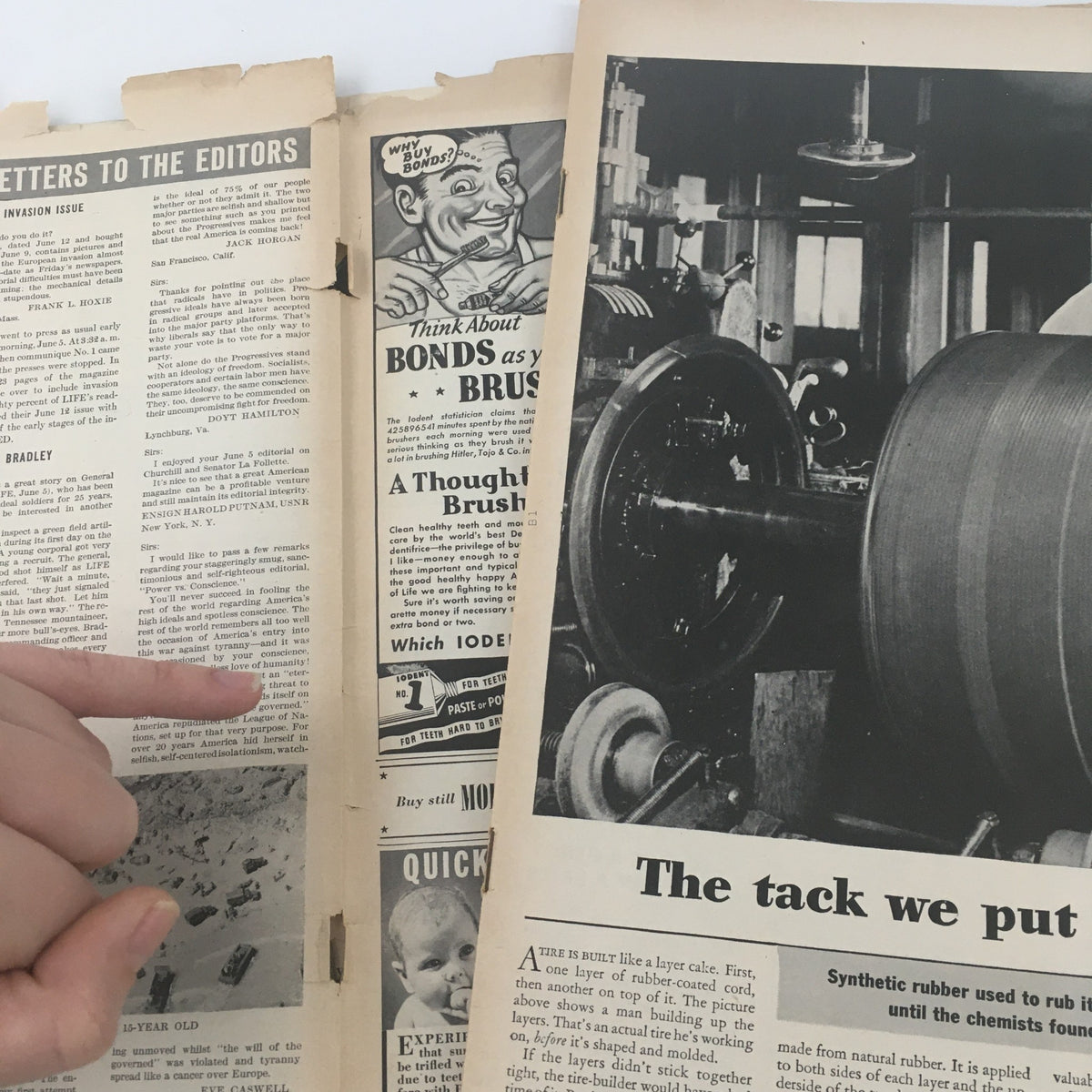 Another interior page of VTG Life Magazine June 26 1944 displaying letters to the editors and vintage advertisements, depicting historical context.
