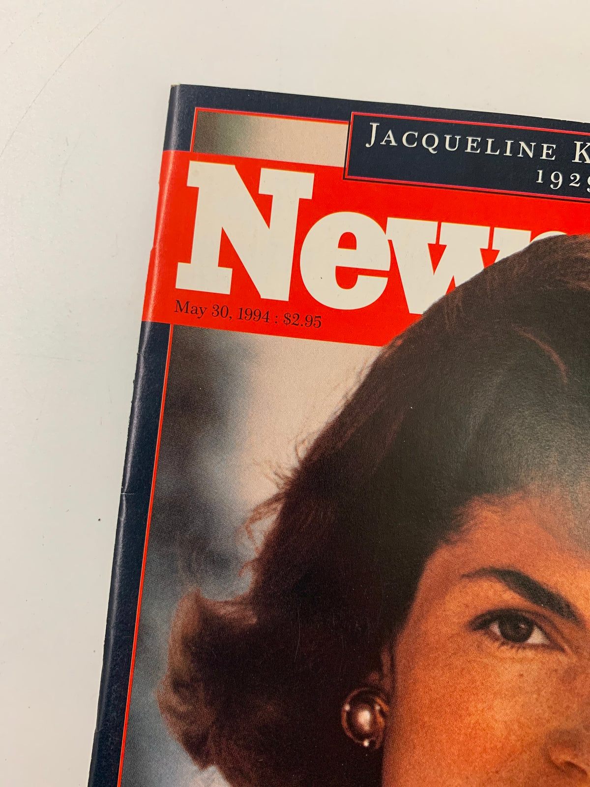 Close-up of the cover of Newsweek Magazine from May 30, 1994, showcasing Jacqueline Kennedy Onassis, including the magazine title and date.