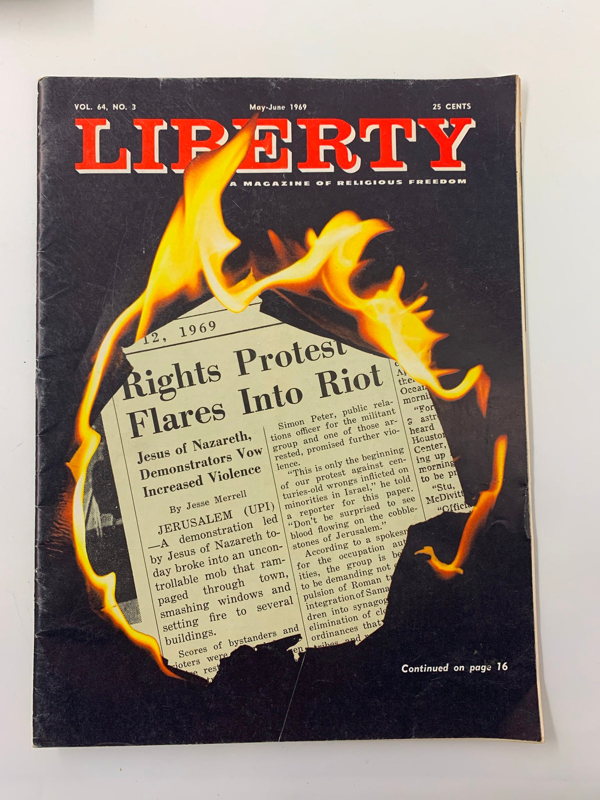 Cover of VTG Liberty Magazine May 1969 featuring the title 'Rights Protest Flares Into Riot' with flames in the background. Highlights a historical moment in Jerusalem's protests.