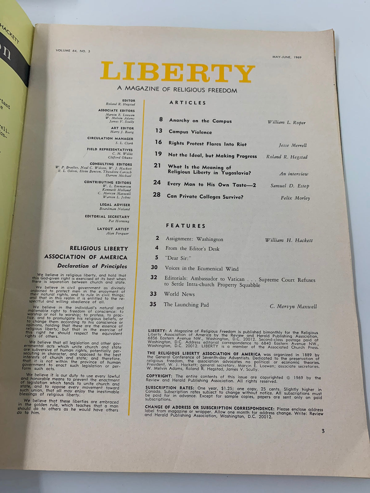 Table of contents page from VTG Liberty Magazine May 1969, listing articles including 'Rights Protest Flares Into Riot' and discussing themes of religious freedom.