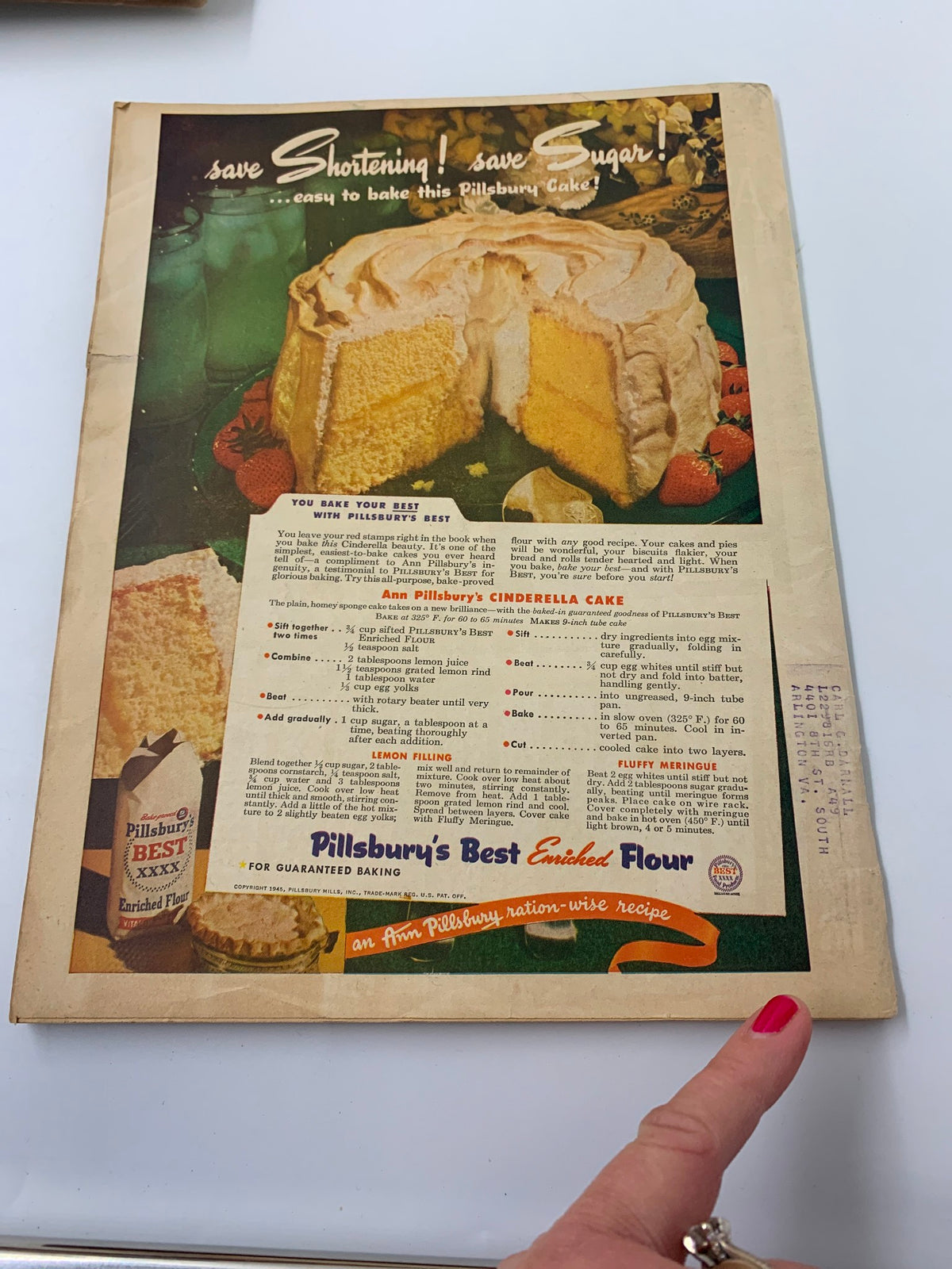 Pillsbury advertisement from the September 1945 Farm Journal Magazine showcasing a cake recipe and promoting Pillsbury's Best Enriched Flour.