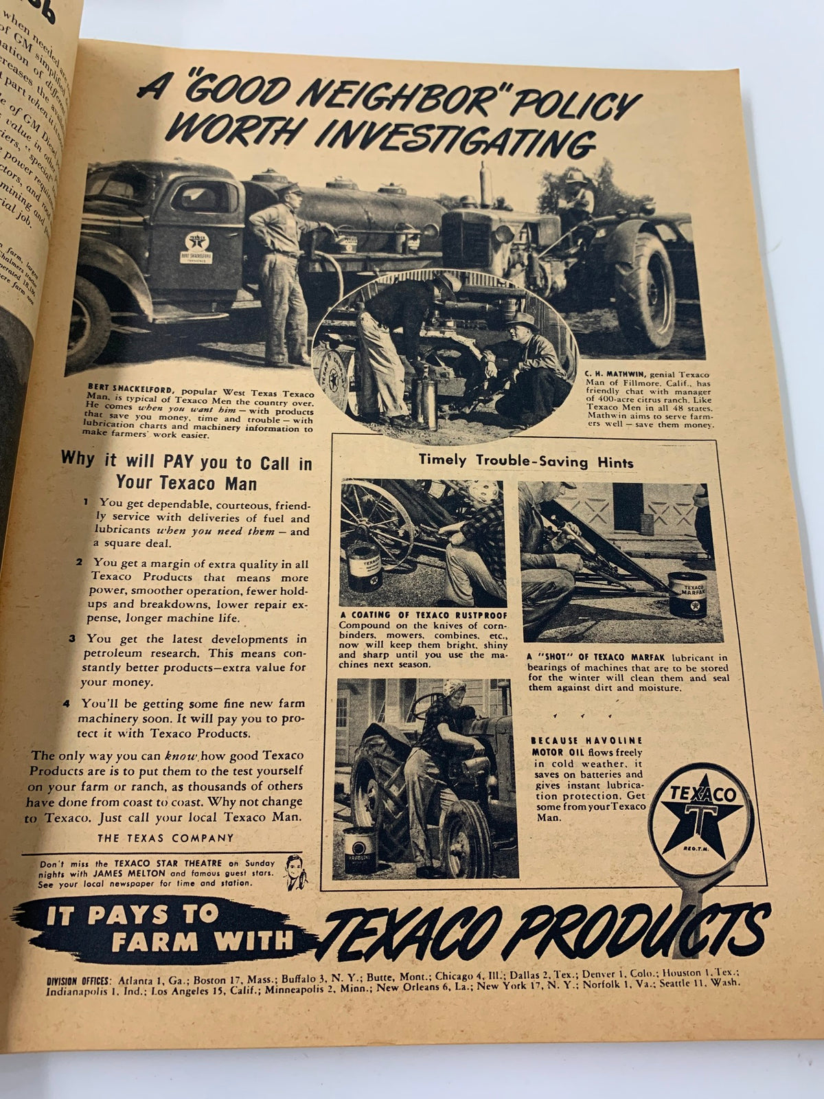 Vintage advertisement from the Farm Journal Magazine November 1945 showcasing Texaco products, emphasizing the importance of calling a Texas man for farm machinery maintenance and oil services.