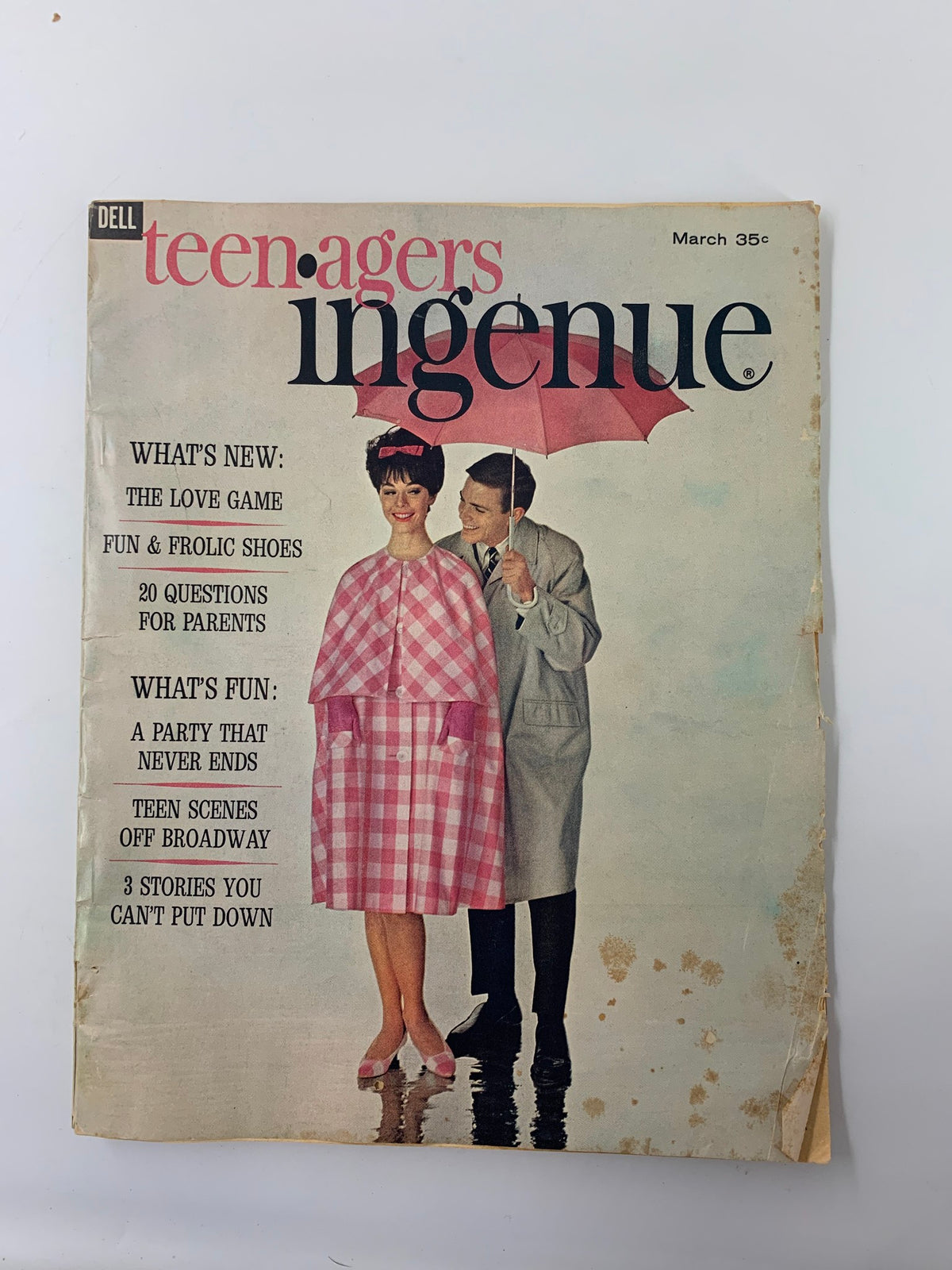 Cover of VTG Teen-Agers Ingenue Magazine March 1962 titled 'A Party That Never Ends', featuring a woman in a pink checkered dress and a man in a gray coat, showcasing vintage 1960s fashion.