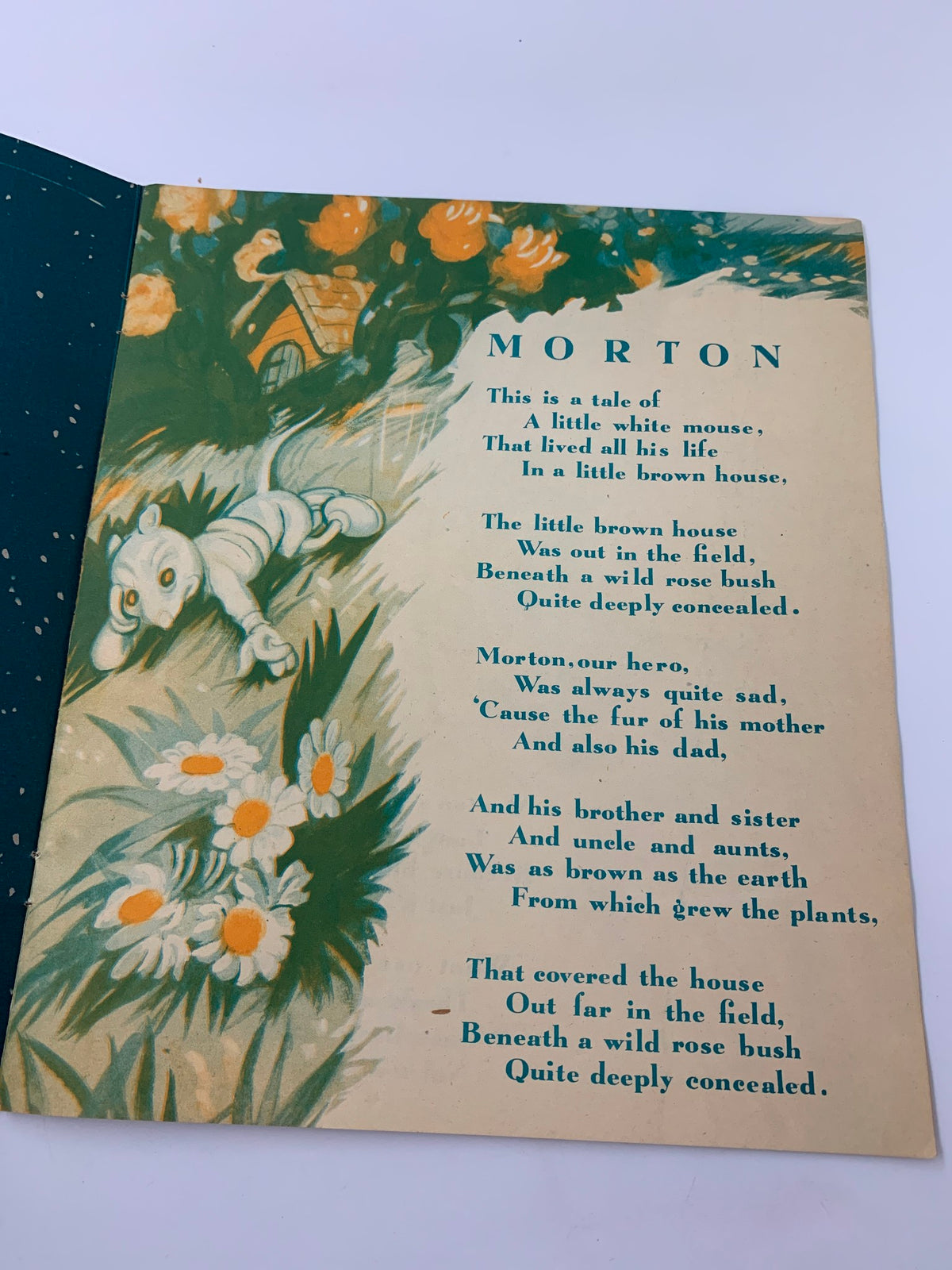 Illustration from the 1948 Morton Action Toy Book, depicting a white mouse in a field, showcasing vibrant colors and whimsical design elements.