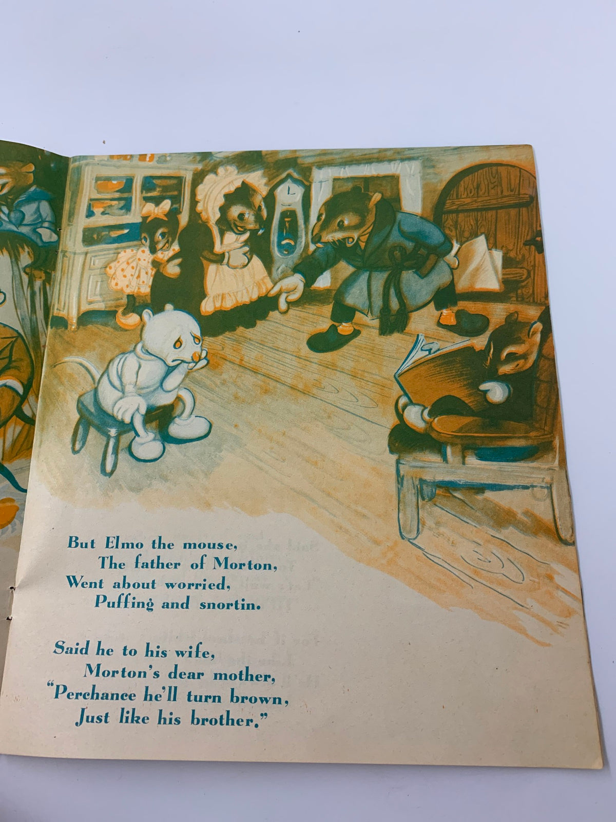 Illustration from the 1948 Morton Action Toy Book, featuring characters in a cozy indoor setting, including the mouse Morton, highlighting storytelling and playful interactions.