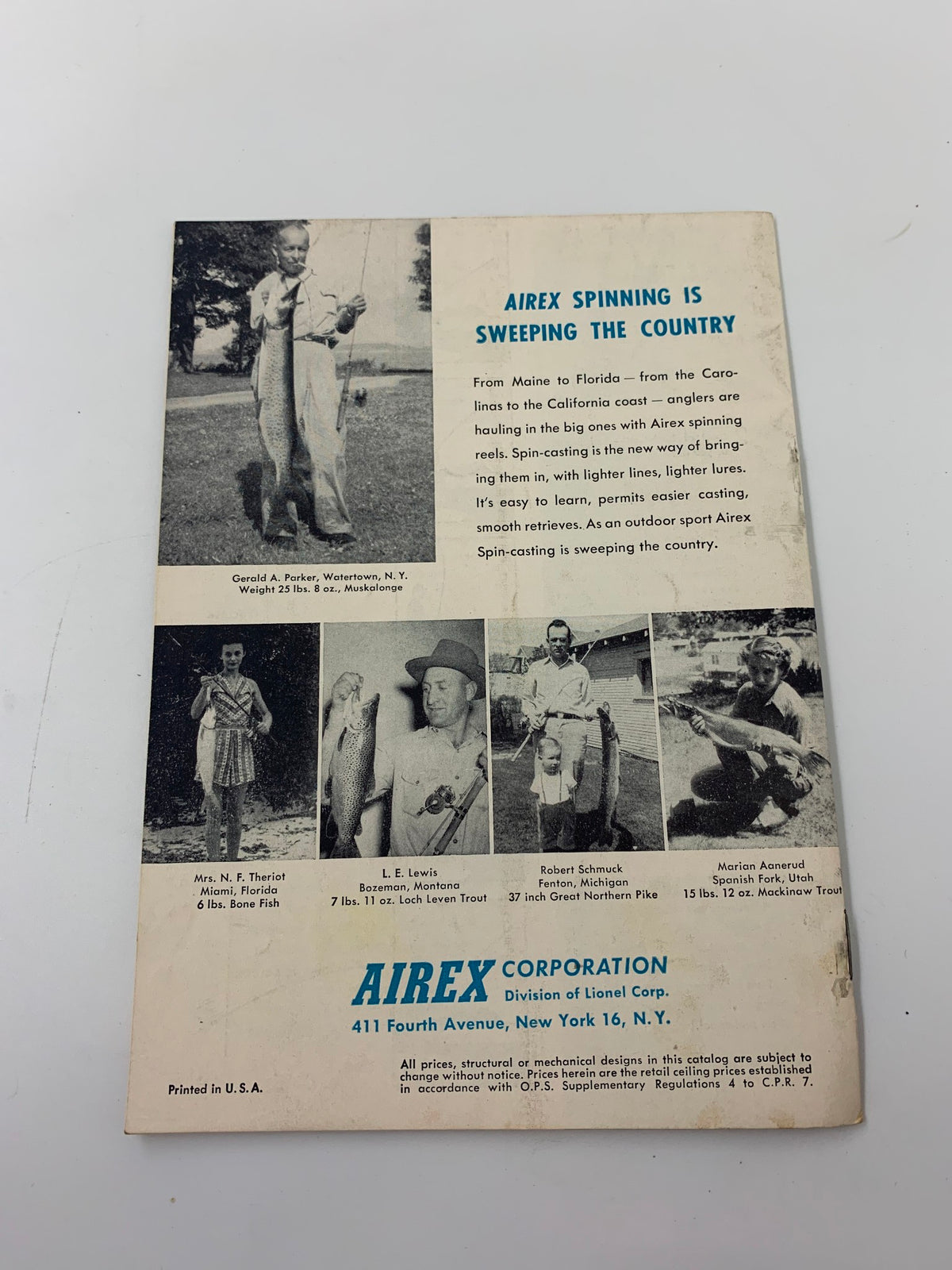 Back cover of Airex Spinning Tackle Made in America for American Fishermen, featuring vintage fishing scenes and advertisements, showcasing the history of fishing gear and techniques.