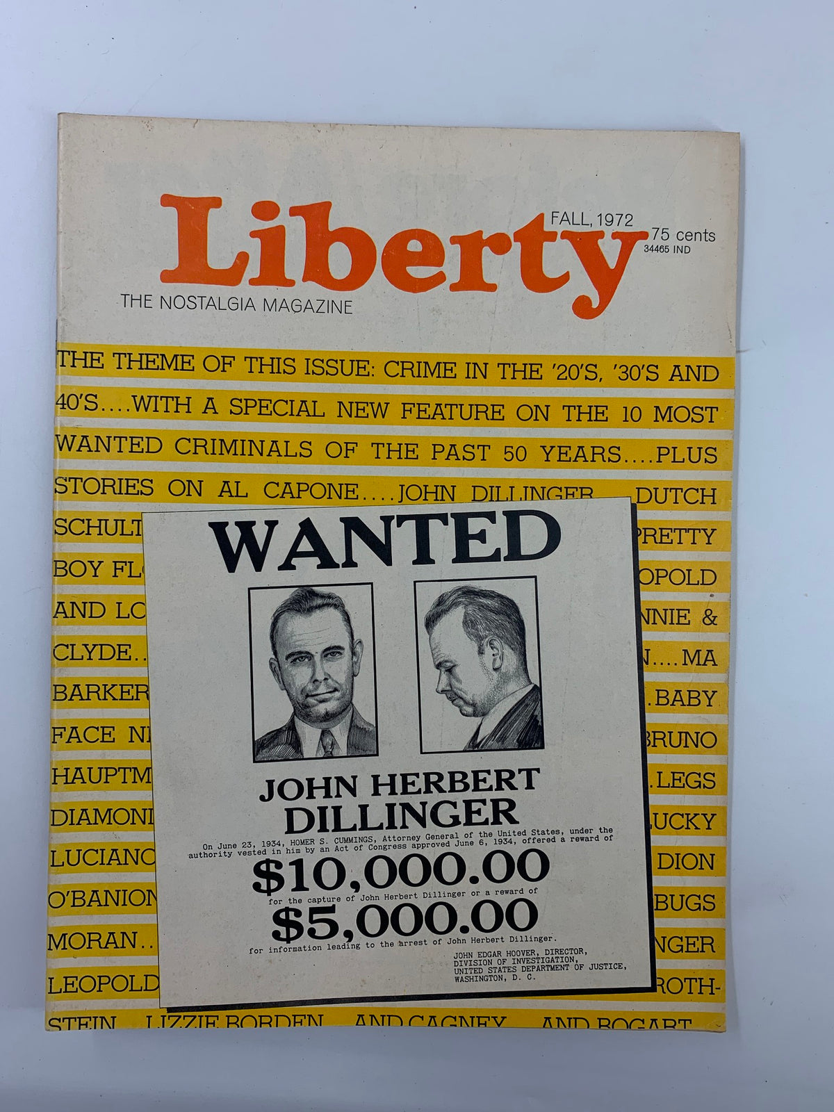 Cover of VTG Liberty Magazine Fall 1972 featuring the wanted poster for John Herbert Dillinger, highlighting crime in the 20s and 30s.