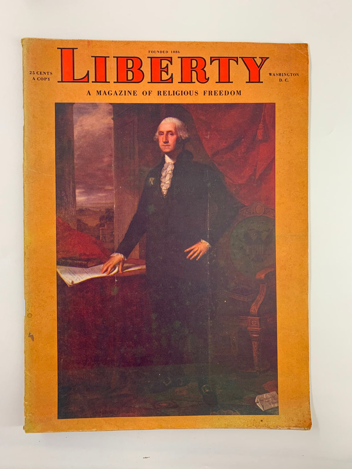 VTG Liberty Magazine First Quarter 1952 featuring a portrait of George Washington on the cover, showcasing vintage design elements and historical significance within American history.