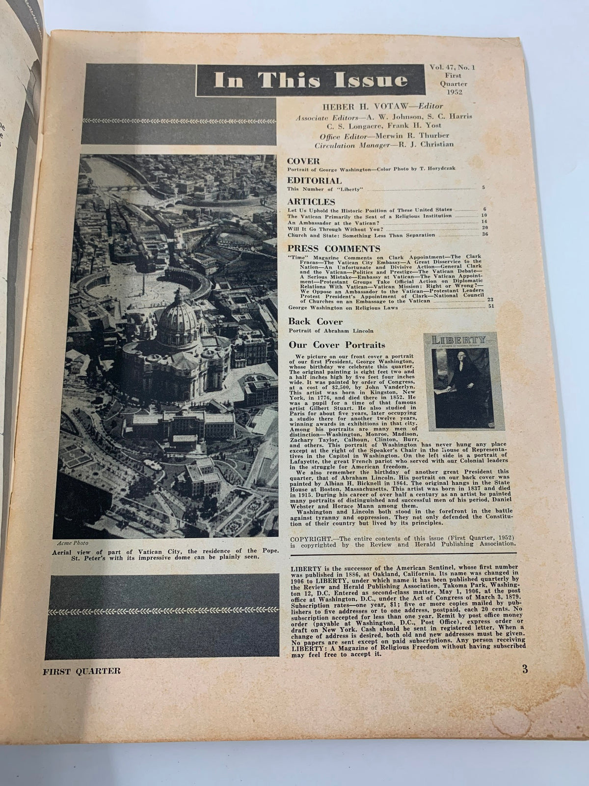 Page from VTG Liberty Magazine First Quarter 1952 showing editorial content and articles, featuring a portrait of George Washington.