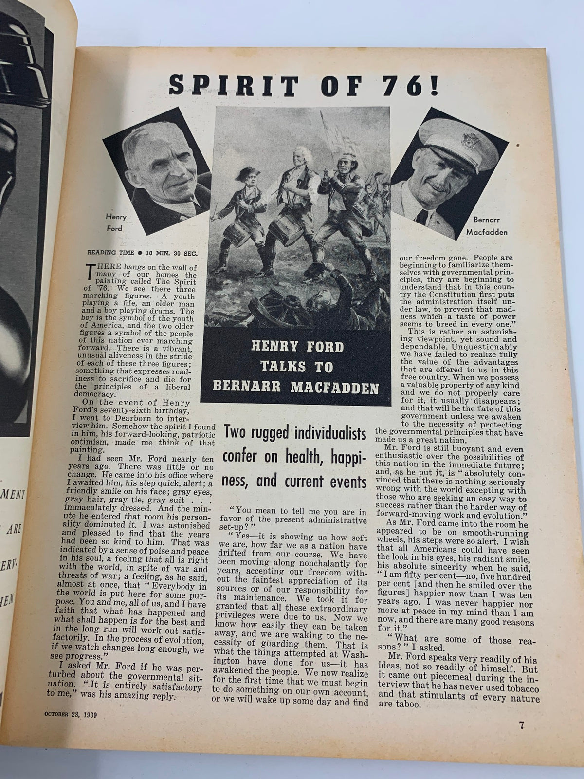 Inside page of VTG Liberty Magazine October 1939 featuring an article titled 'Spirit of 76' discussing Henry Ford's interview with Bernard Macfadden.