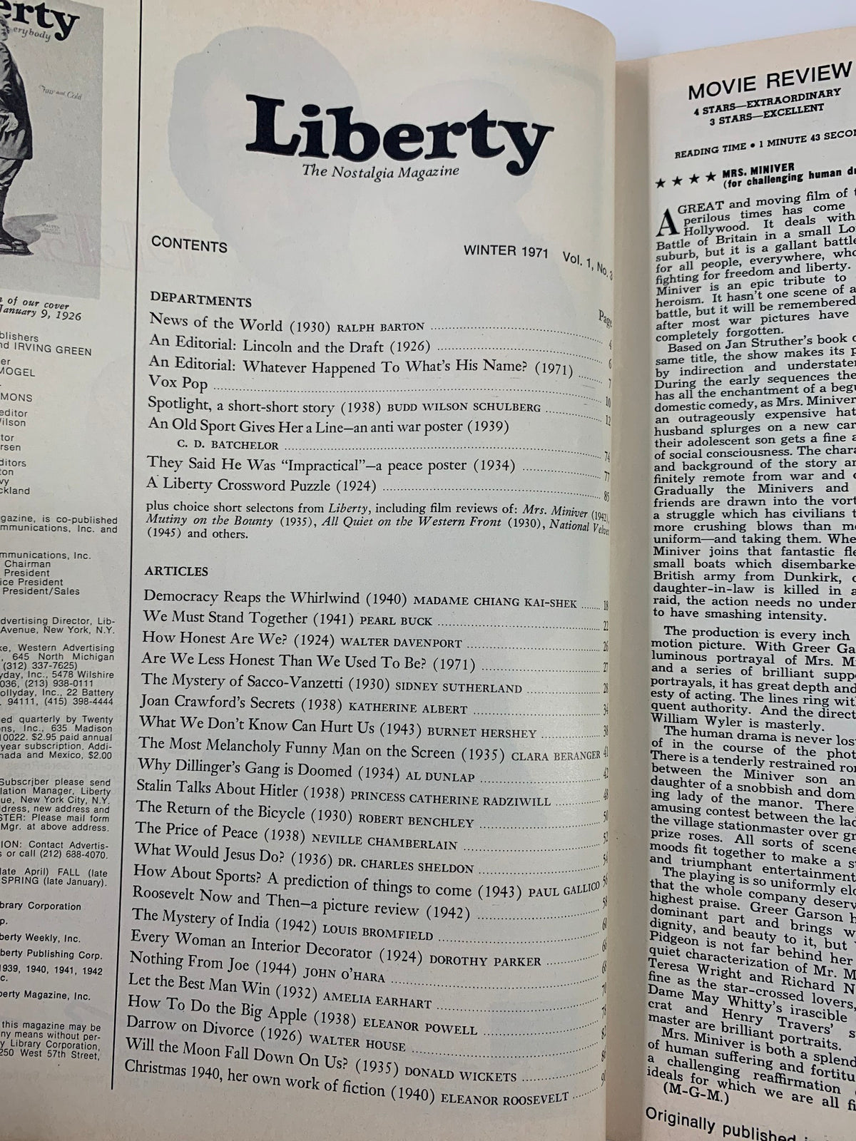 Vintage Liberty Magazine Winter 1971 Madame Chiang Kai-Shek & Pearl Buck No Label