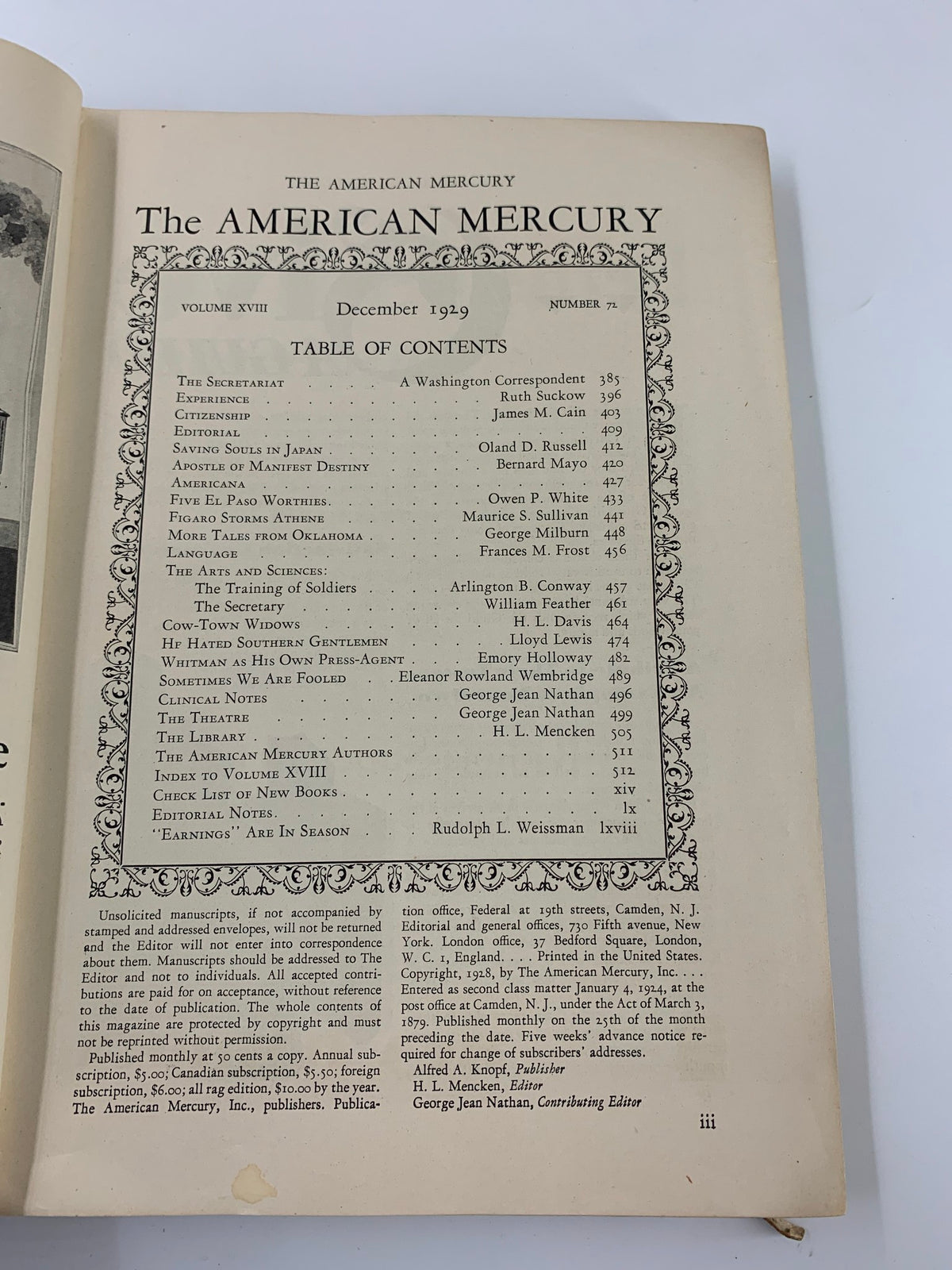 Table of contents page of VTG The American Mercury Magazine December 1929 The Secretariat, listing featured articles and authors.