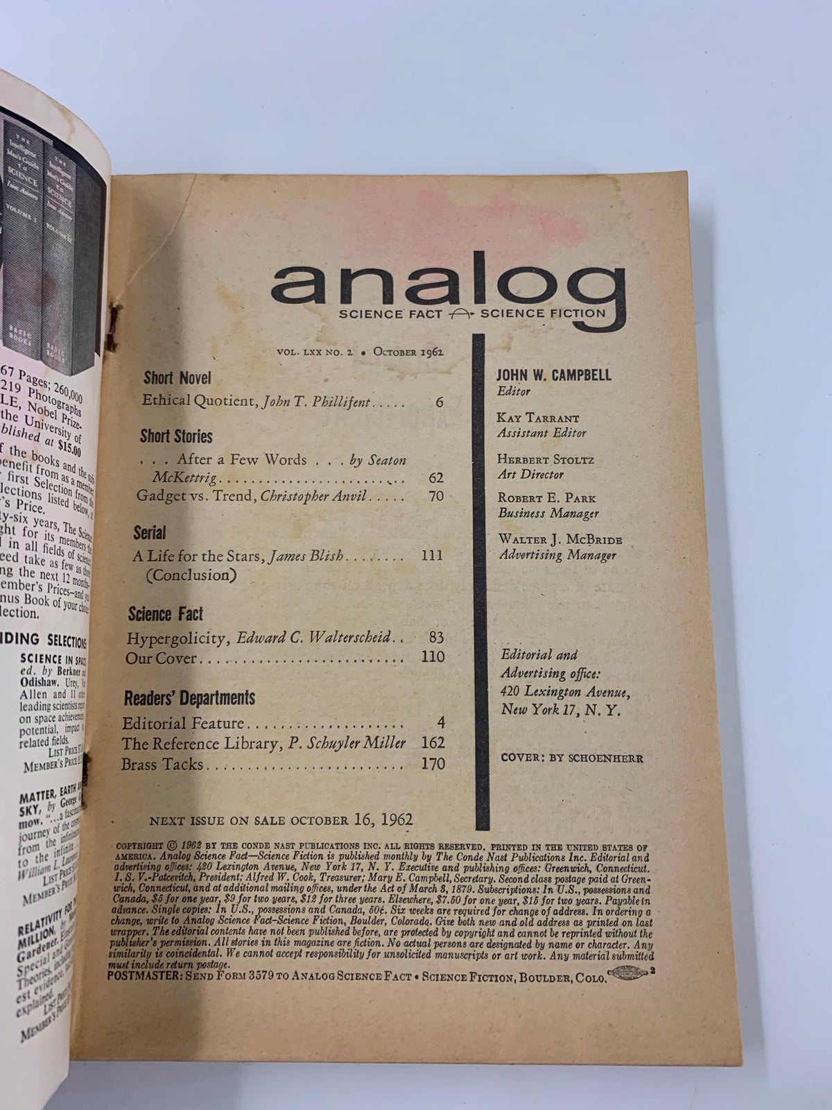 Inside page of the VTG Analog Magazine from October 1962 displaying the table of contents, highlights the short novel 'Ethical Quotient' by John T. Phillifent and other stories.