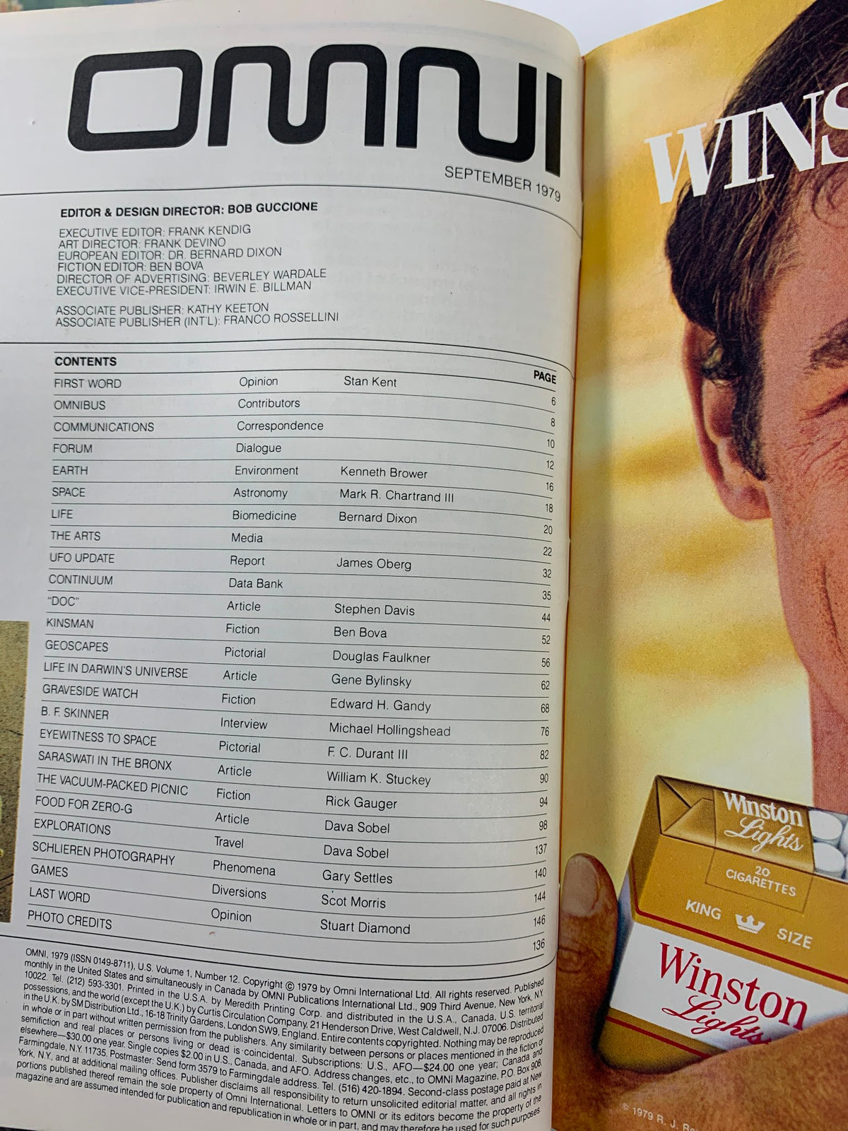 Table of contents from VTG Omni Magazine September 1979, showcasing various articles and features including dining in space, B.F. Skinner interview, and other science topics.