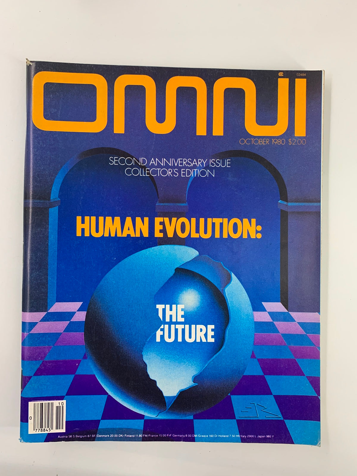 Cover of VTG Omni Magazine October 1980: Human Evolution The Future, showcasing artistic graphic design with vibrant colors and a globe symbolizing the future.