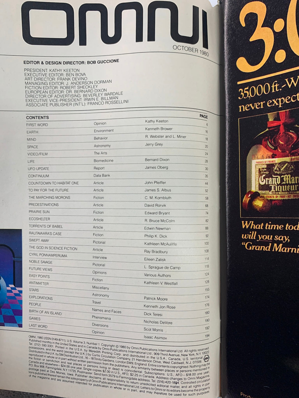 Contents page of the VTG Omni Magazine October 1980, showcasing articles on human evolution and future speculations, including contributions from notable figures like Ray Bradbury and Isaac Asimov.
