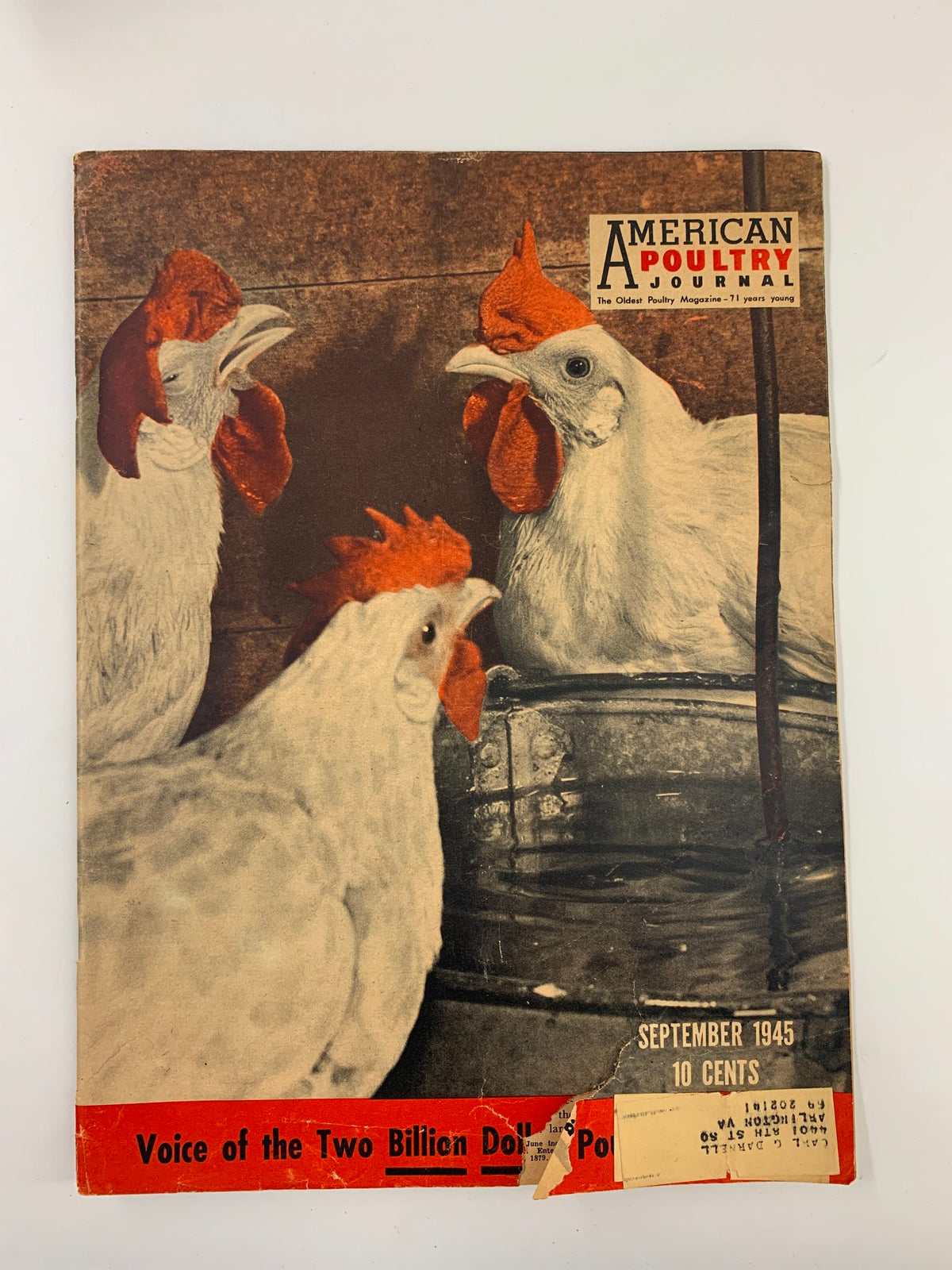 Cover of the American Poultry Journal, September 1945 issue, titled 'Voice of Two Billion Dollar Poultry', featuring a colorful illustration of roosters on the front.