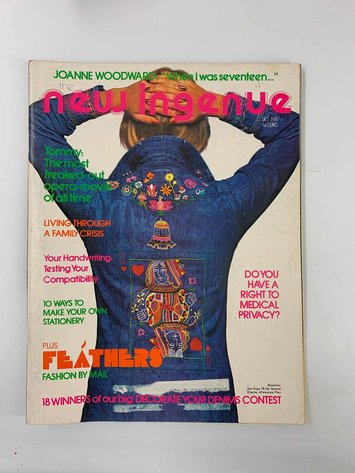 Cover of the October 1974 Ingenue magazine featuring the title 'Tommy: The Most Freaked-Out Opera Movie of All Time' with a model in a denim jacket adorned with colorful embroidery.