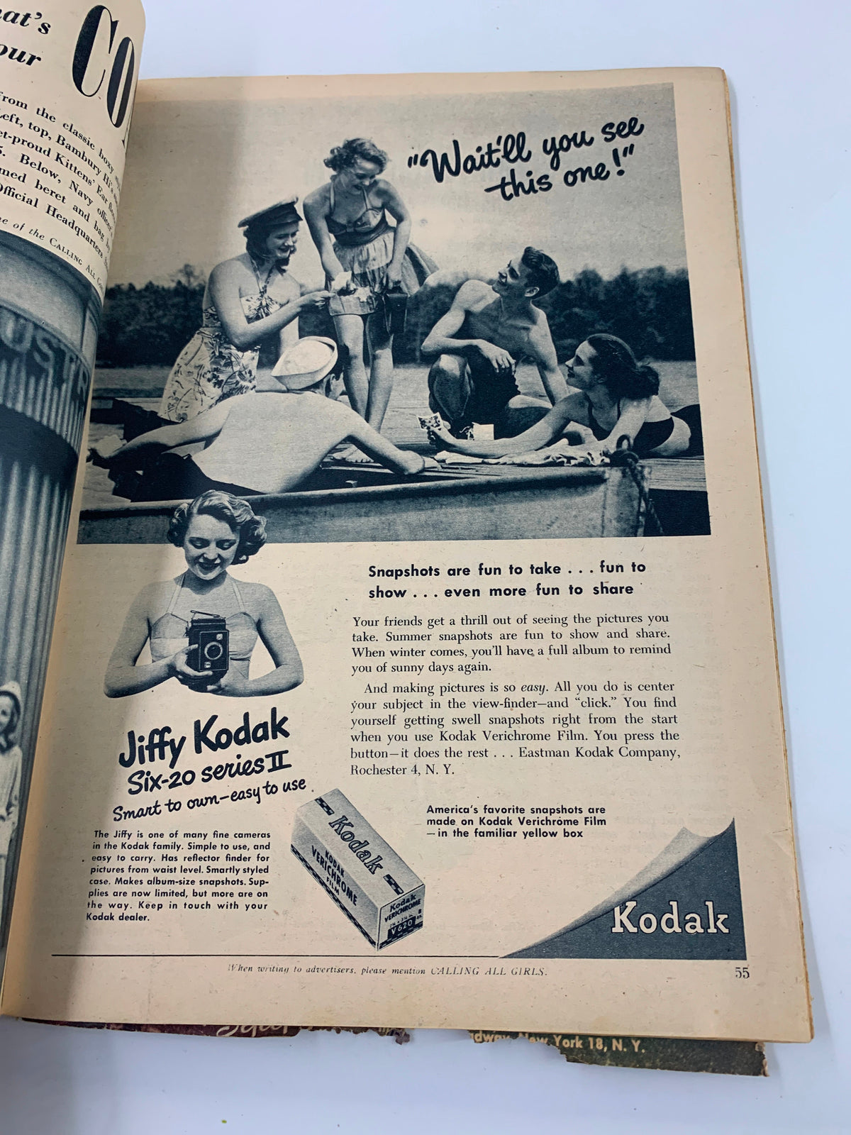 VTG Calling All Girls Magazine September 1946 displaying a Kodak advertisement with people enjoying a summer day, highlighting vintage photography trends.