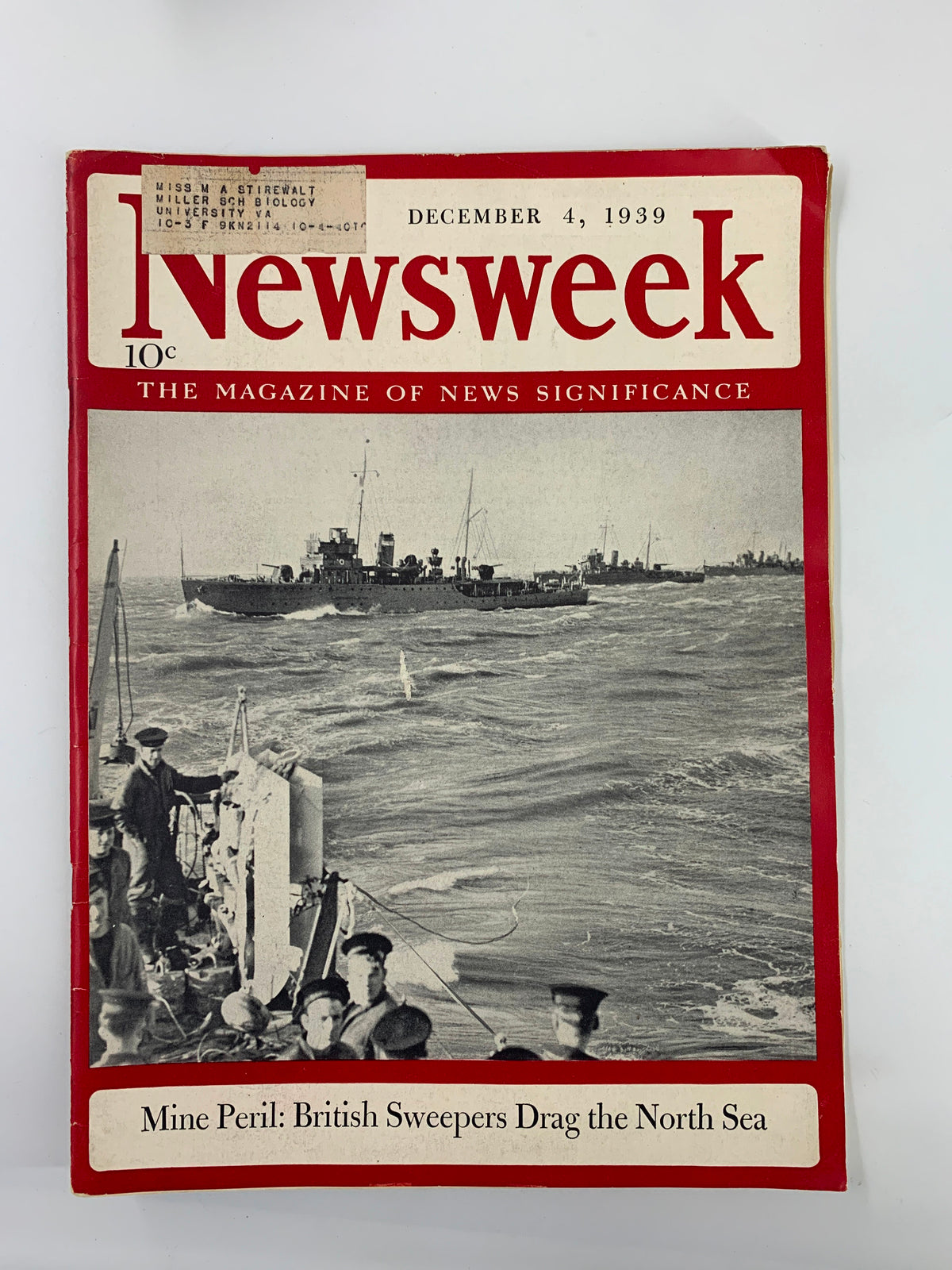 Vintage Newsweek Magazine cover from December 4, 1939, featuring the article 'British Sweepers Drag the North Sea', depicting British naval operations amid World War II.
