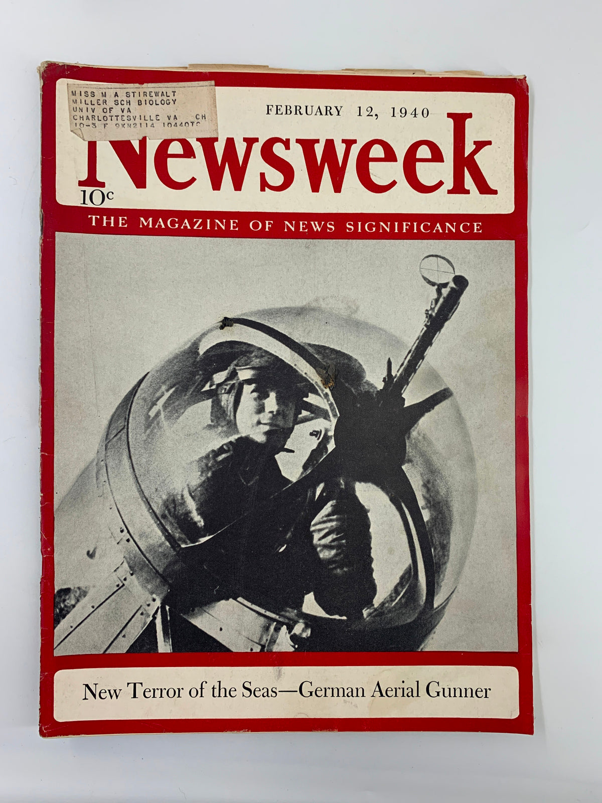 VTG Newsweek Magazine from February 12, 1940, featuring the cover titled 'New Terror of the Seas—German Aerial Gunner.' The magazine showcases an iconic image of an aerial gunner, reflecting the historical context of World War II.