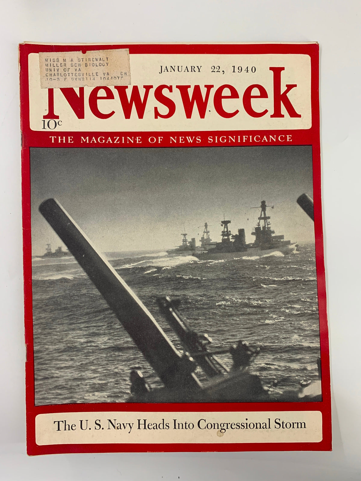 VTG Newsweek Magazine from January 22, 1940, featuring the cover story 'The U.S. Navy Heads Into Congressional Storm', showcasing naval imagery amid waves.