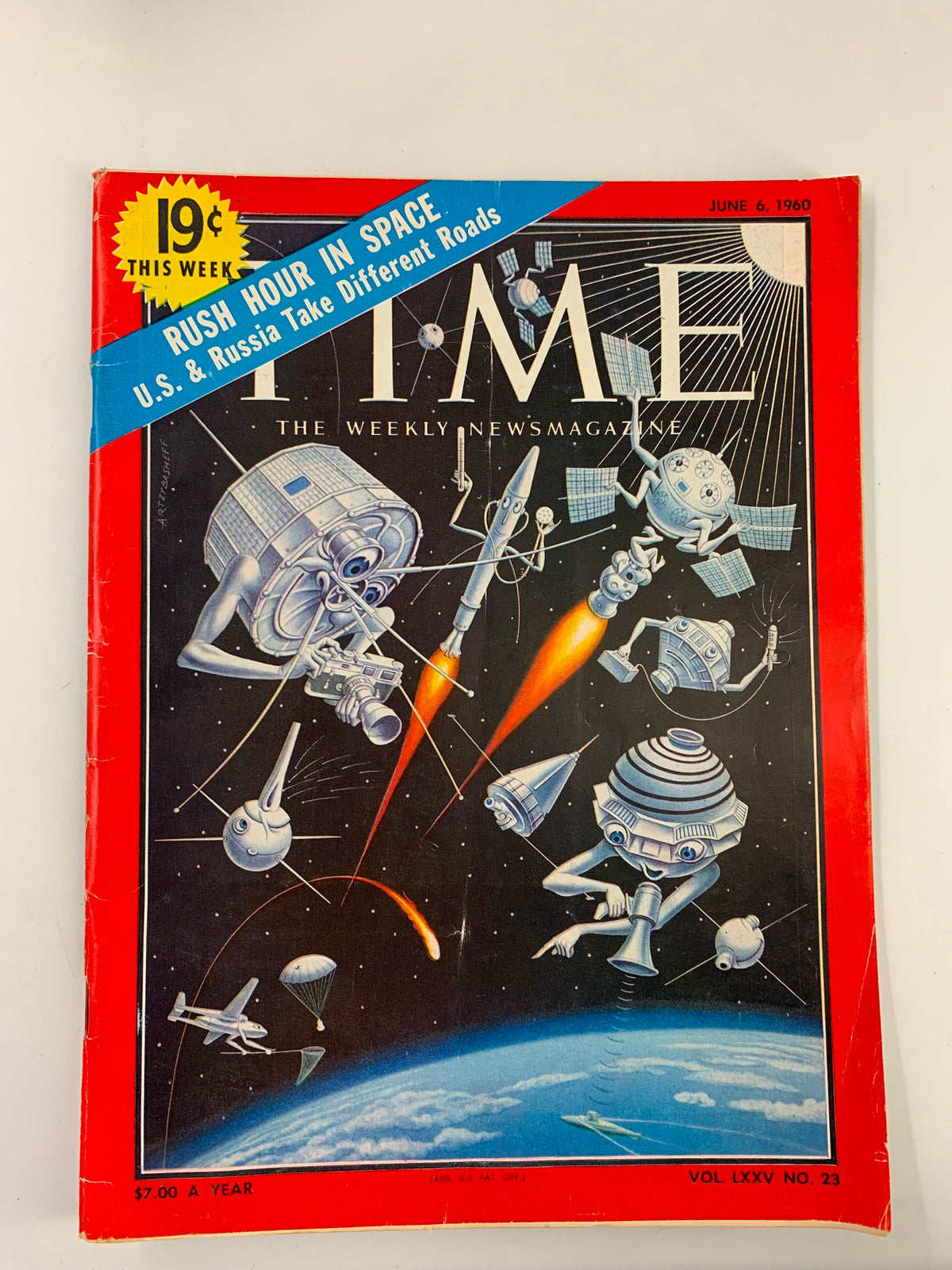 VTG Time Magazine June 6 1960 featuring the title 'Rush Hour Into Space: U.S. & Russia Different Roads', highlighting space exploration themes with colorful illustrations and vintage design.