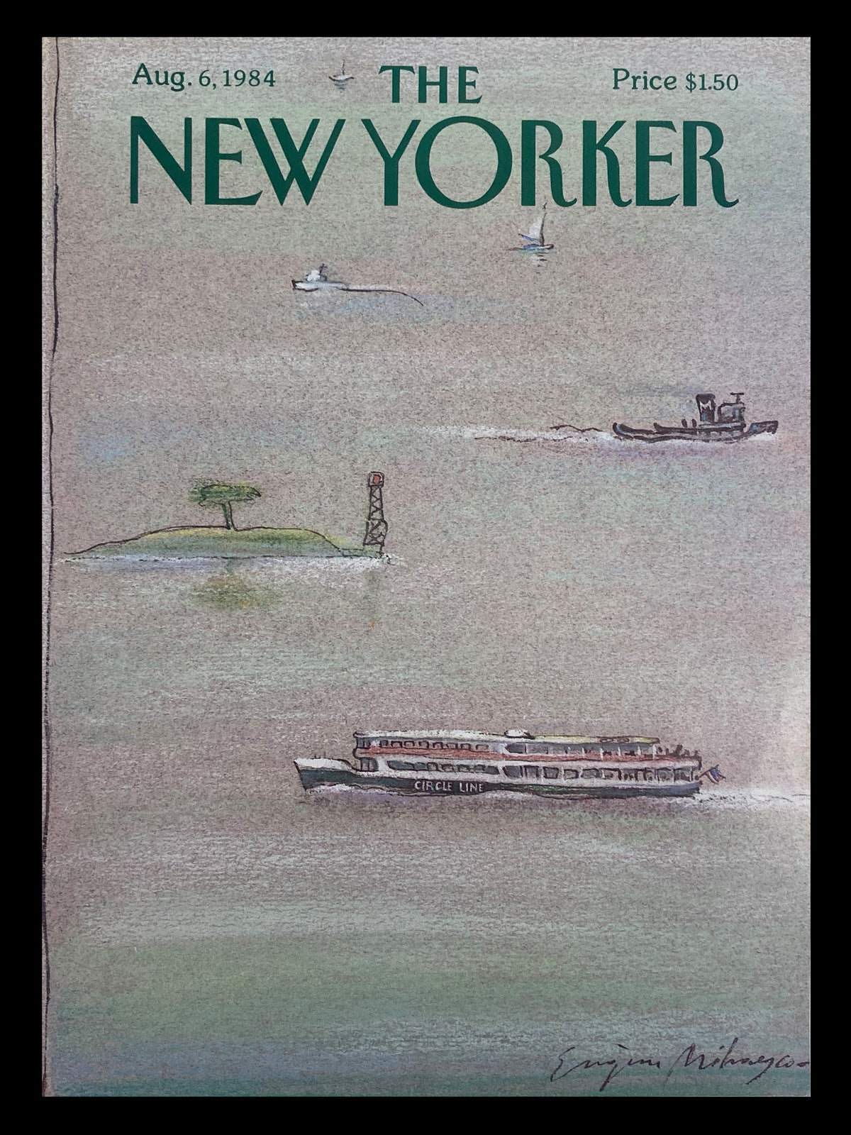Cover of The New Yorker August 6, 1984, featuring artwork titled 'Ocean Vehicles' by Eugene Mihaesco, showcasing a whimsical maritime scene with boats and an island.