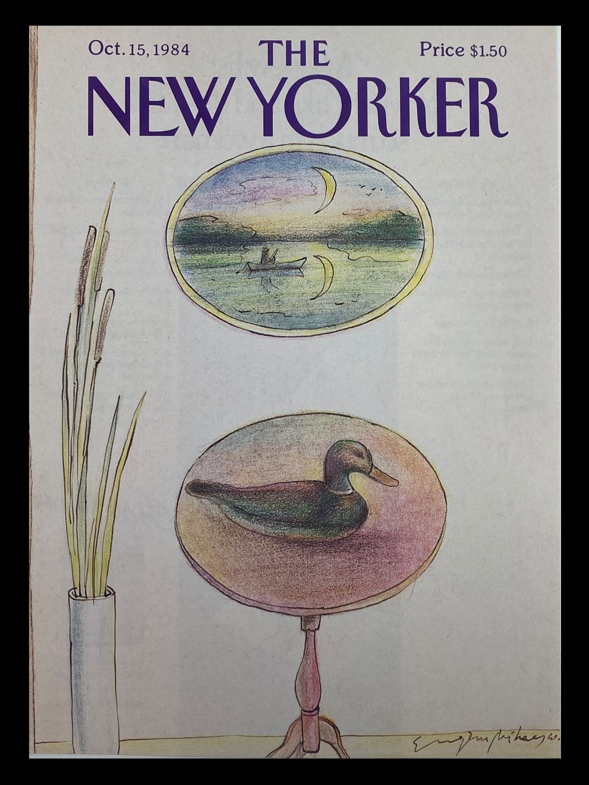 Cover of The New Yorker from October 15, 1984, featuring the artwork 'Duck Reflection' by Eugene Mihaesco, showcasing a duck on a table with a serene background.