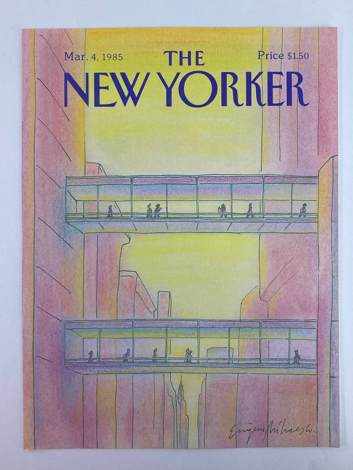 The New Yorker March 4 1985 cover displaying Eugene Mihaesco's 'Glass Bridge' artwork, illustrating a vibrant scene with figures walking on a transparent bridge set against a backdrop of soft pastel colors and stylized buildings.