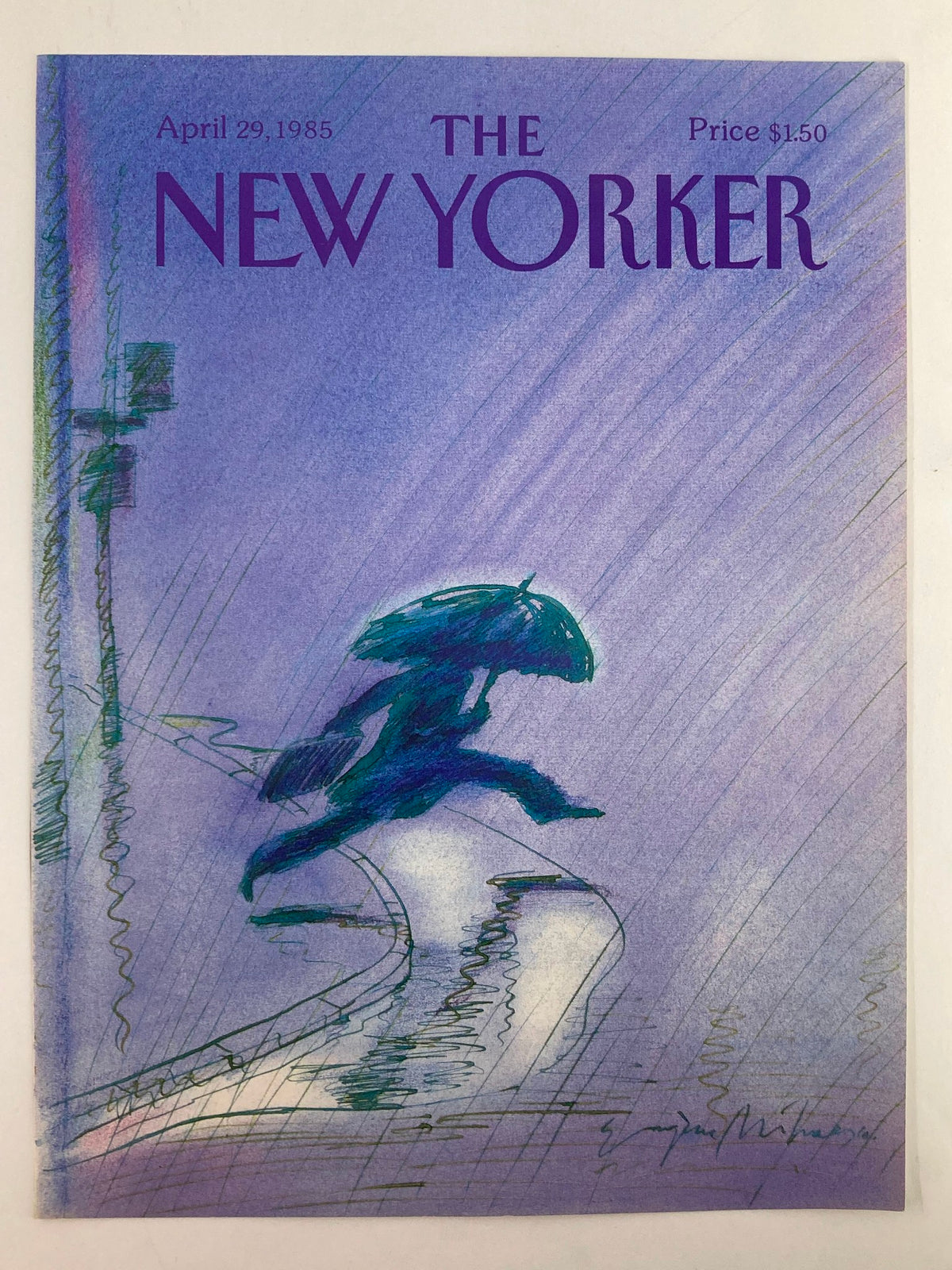 The New Yorker magazine cover from April 29, 1985, illustrated by Eugene Mihaesco, depicting a rainy night scene with a figure rushing with an umbrella.