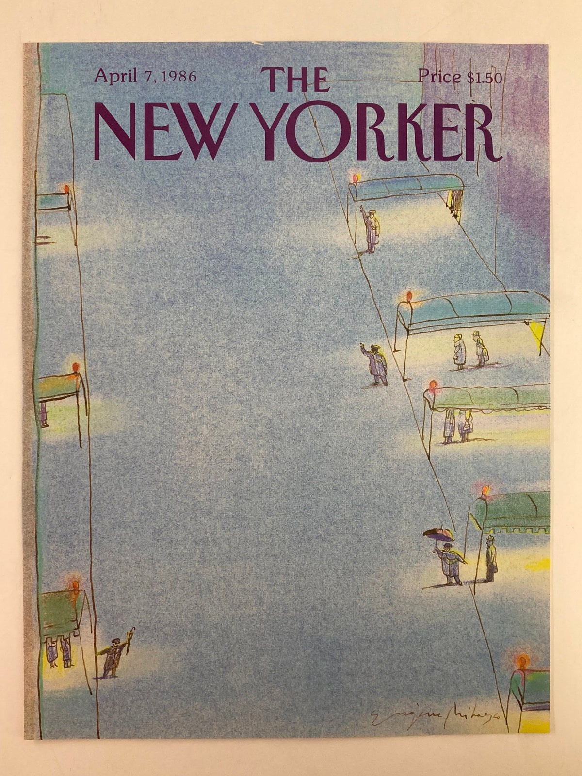 The New Yorker magazine cover from April 7, 1986, titled 'Waiting for Taxi' by Eugene Mihaesco, showcasing a serene urban landscape with figures and taxis under a soft blue sky.