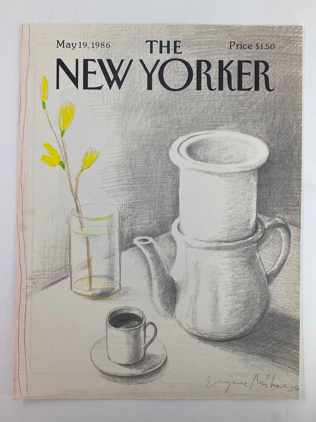 Cover of The New Yorker, May 19, 1986, featuring an illustration titled 'Tea Time Daisy' by Eugene Mihaesco, depicting a teapot, coffee cup, and flowers.