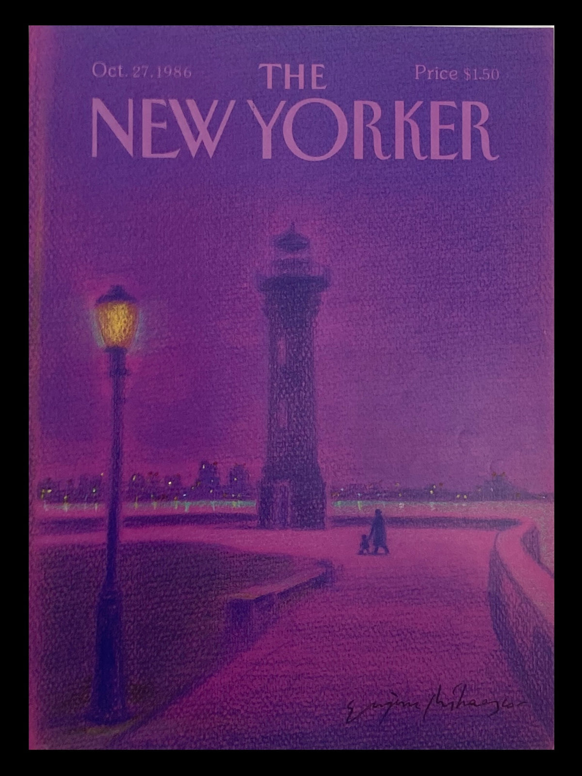The New Yorker October 27, 1986 cover featuring a beautiful lighthouse illustration by Eugene Mihaesco, showcasing vibrant purple hues and a serene waterfront scene.