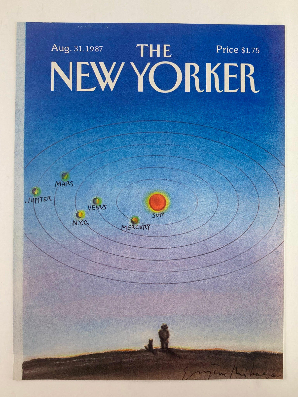 Cover of The New Yorker published on August 31, 1987, showcasing 'Planets & The Sun' artwork by Eugene Mihaesco, illustrating a cosmic scene with planetary orbits and a sunset.