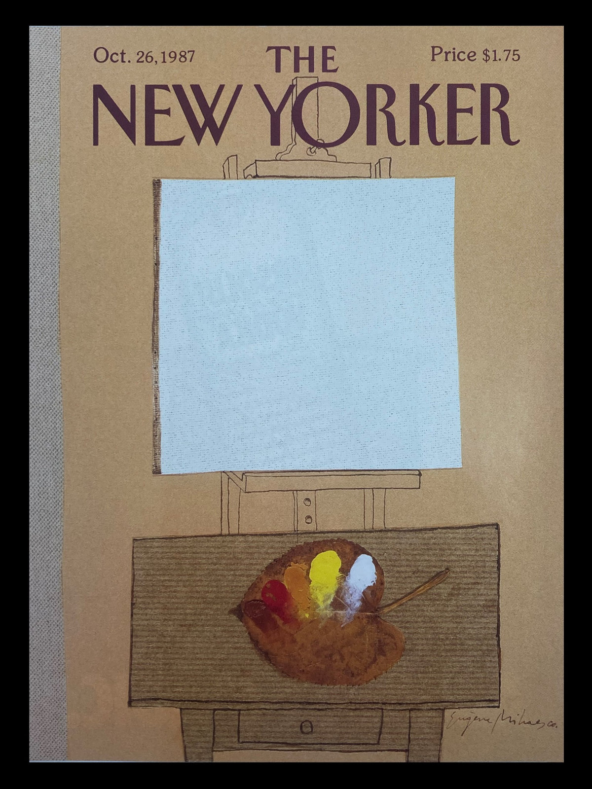 Cover of The New Yorker magazine dated October 26, 1987, titled 'Blank Canvass' by Eugene Mihaesco featuring a painter's palette with colors and an empty canvas.