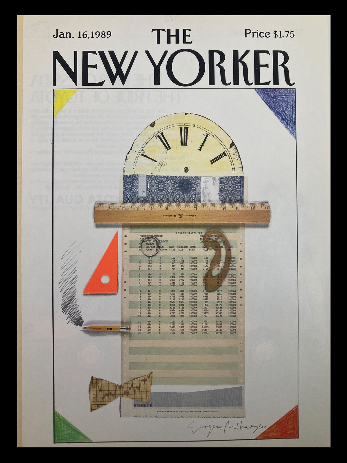 Cover only of The New Yorker, January 16, 1989, featuring a creative illustration by Eugene Mihaesco including a clock, ledger statement, pencil, and colorful geometric shapes.