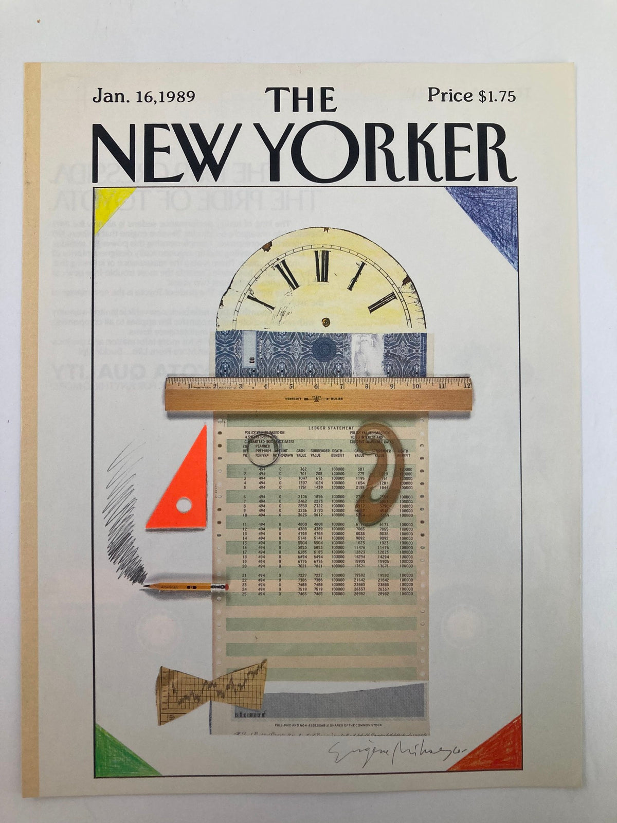 Cover of The New Yorker from January 16, 1989, featuring artwork by Eugene Mihaesco, showcasing a unique design with a clock, geometric shapes, and various artistic elements, perfect for collectors and art enthusiasts.