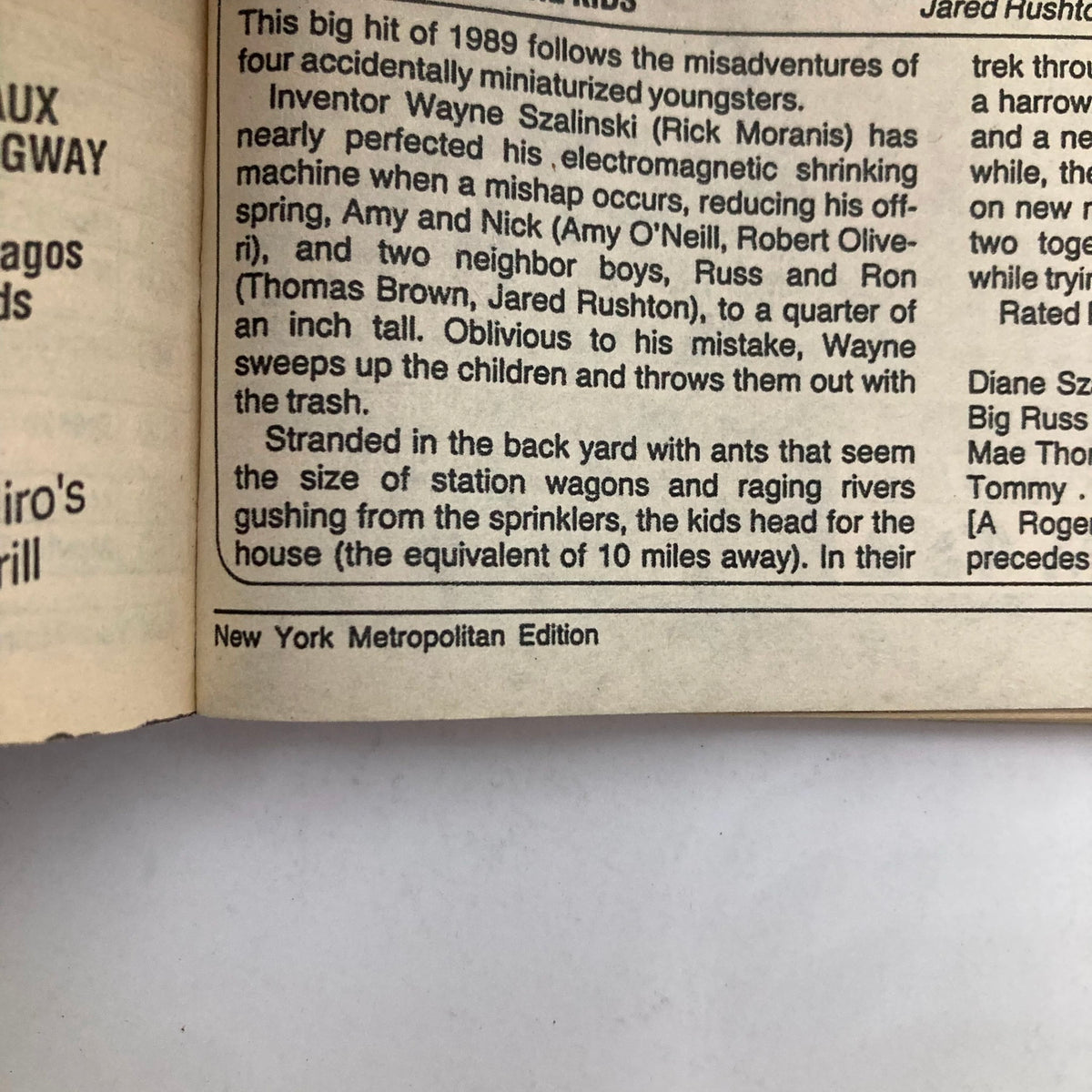 Inside page of TV Guide Magazine September 22 1990, showcasing a write-up about the movie involving accidentally miniaturized kids, detailing the plot of a comedic adventure. Features text layout specific to the New York Metropolitan Edition.
