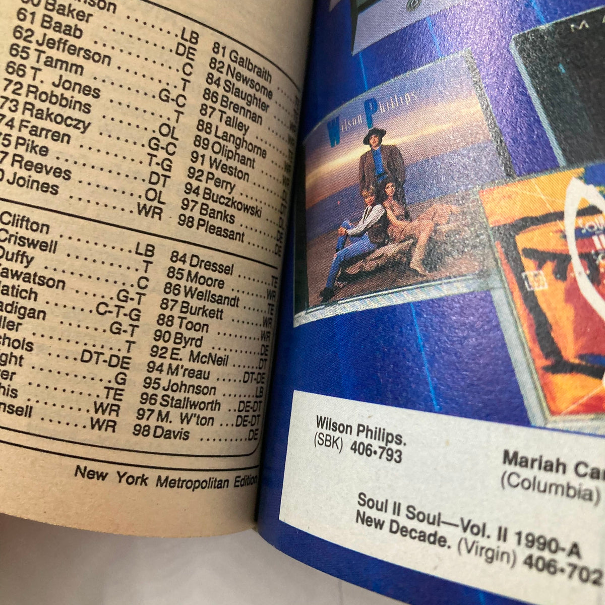 Interior page of TV Guide Magazine September 15 1990 Fall Preview Special NY Metro Edition showing music album listings and features, including Wilson Phillips and Mariah Carey.