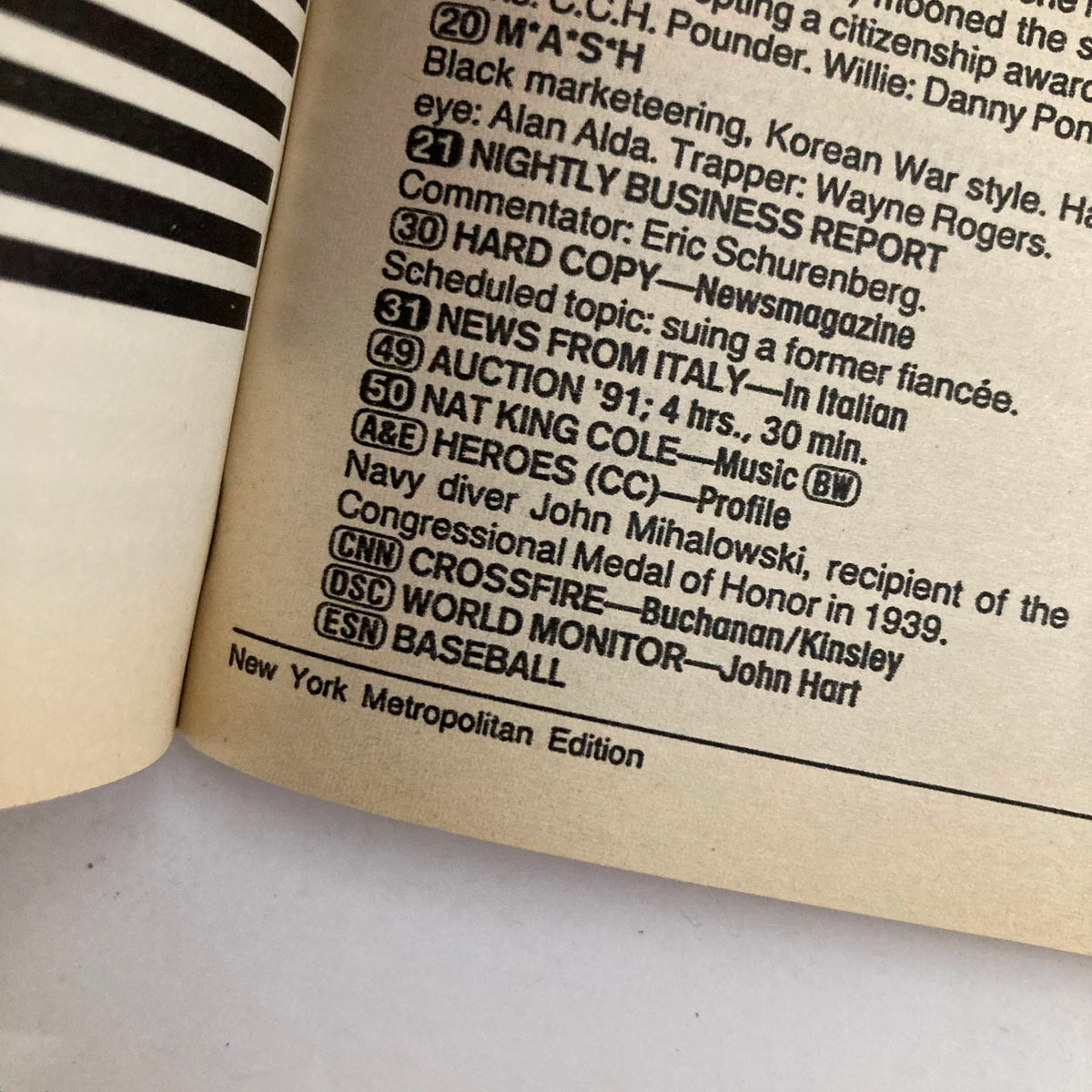 Inside page of TV Guide Magazine April 20 1991, New York Metropolitan Edition, listing television programs and features from that era.