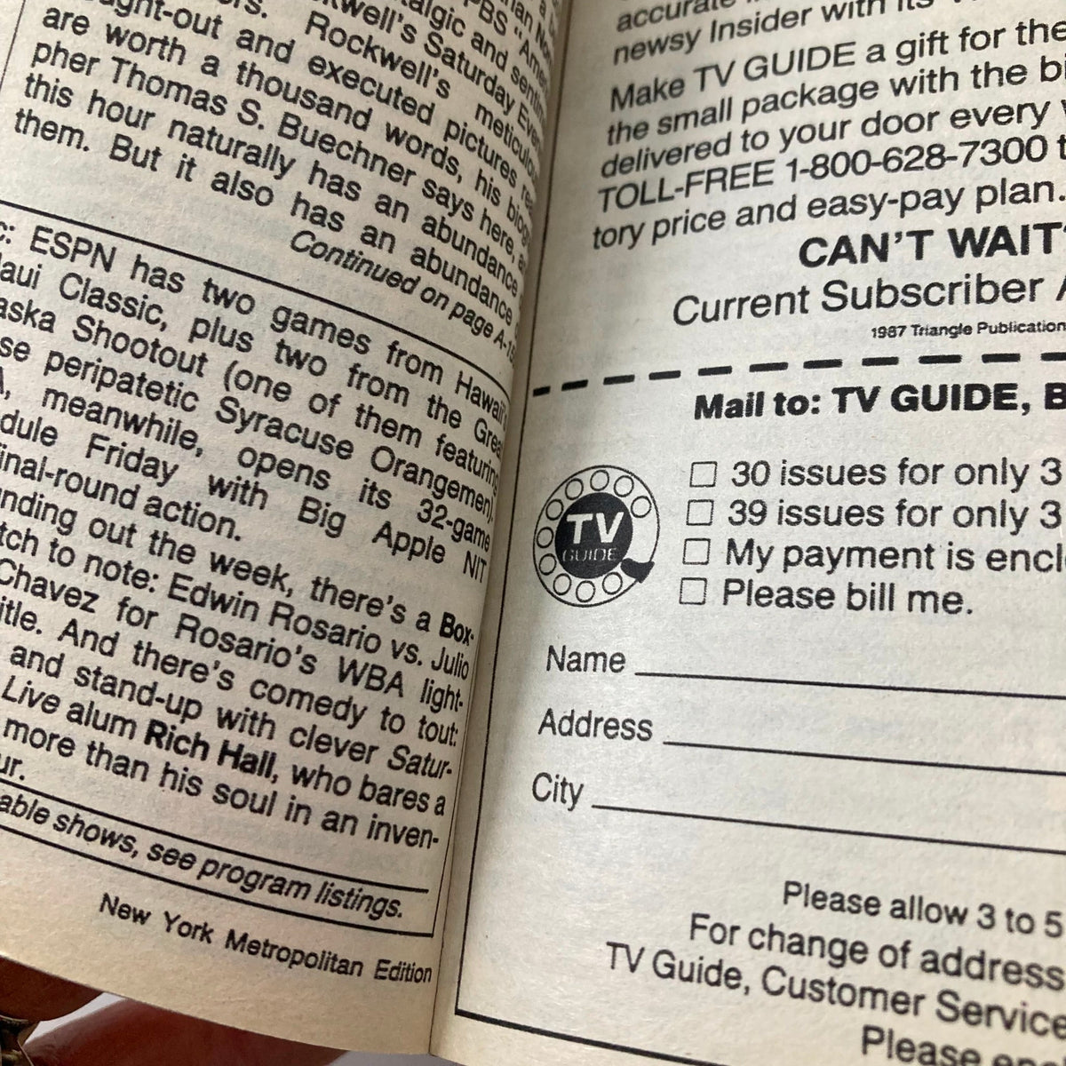 Inside page of TV Guide Magazine November 21, 1987 with details on programming listings and subscription information, reflecting the magazine's role in TV viewer guidance.