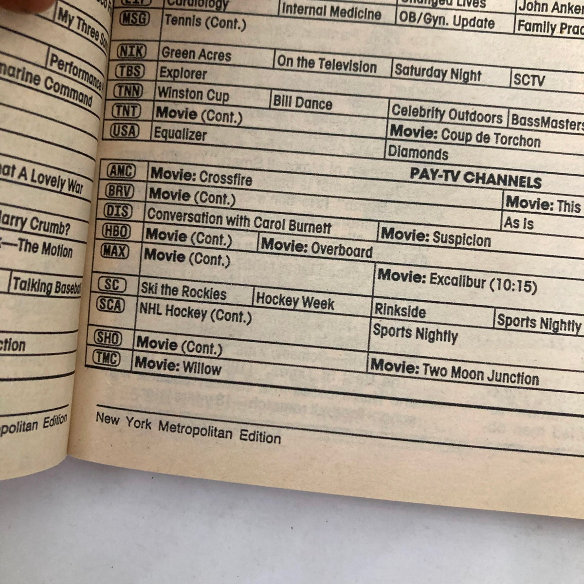 Inside page of TV Guide Magazine dated February 10, 1990 showing TV programming listings for the New York Metropolitan Edition with a detailed schedule of shows and movies.