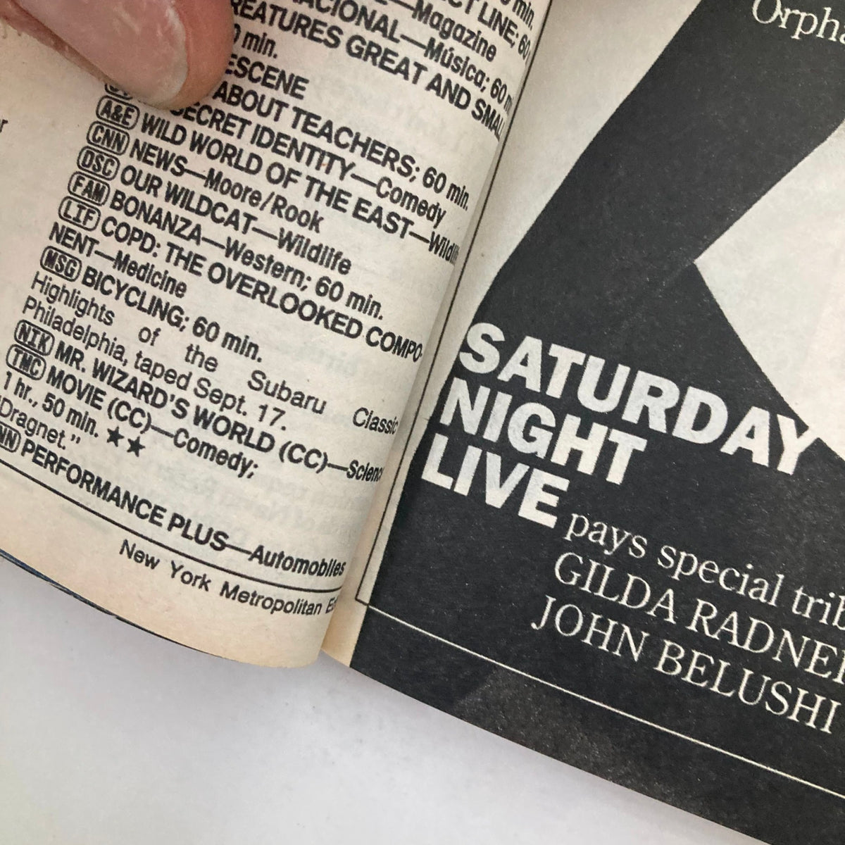 Interior page of TV Guide Magazine September 23 1989 highlighting Saturday Night Live and its tribute to Gilda Radner and John Belushi, reflective of the television programming of the late 80s.
