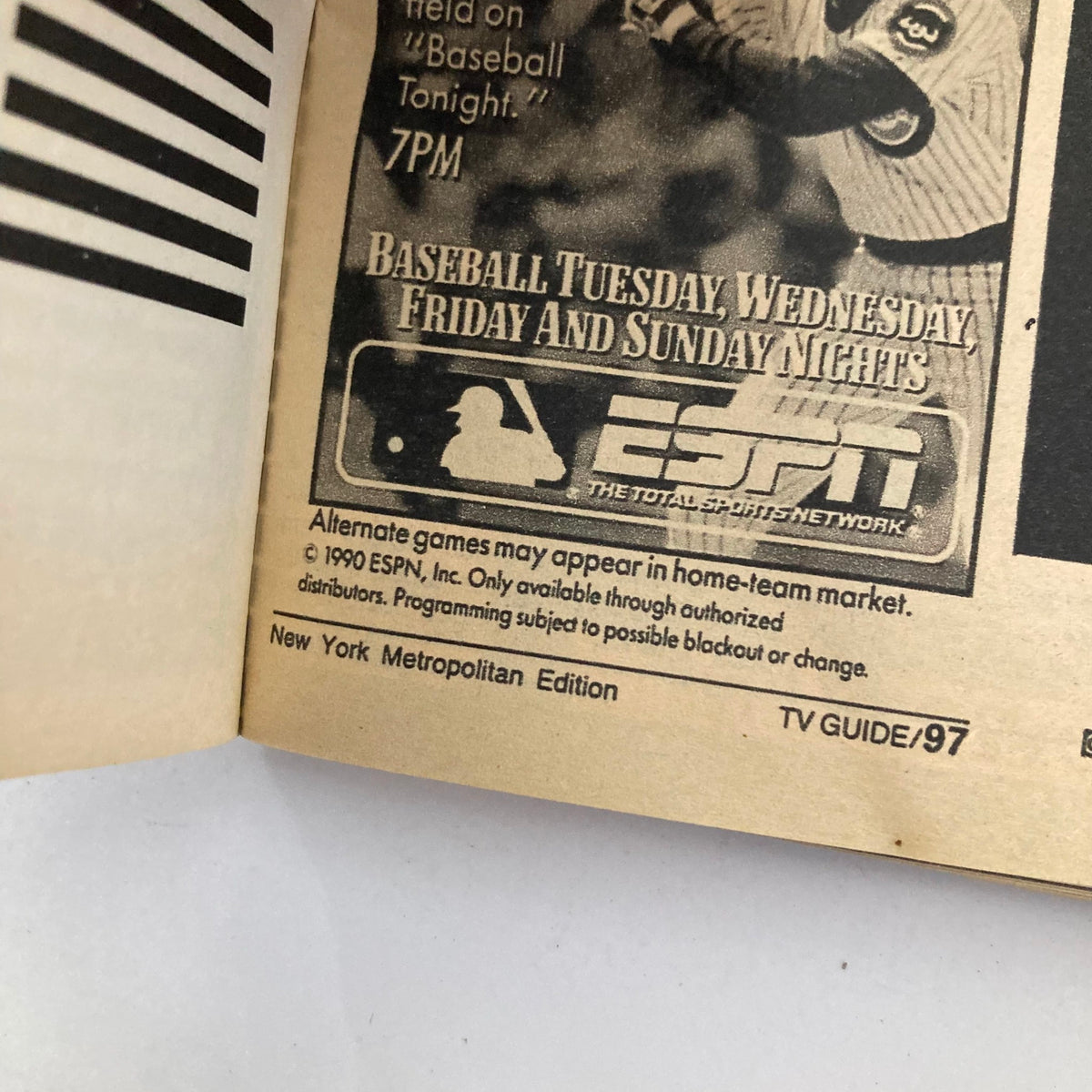 Interior page of TV Guide Magazine April 28, 1990 displaying an advertisement for ESPN baseball programming, highlighting the New York Metropolitan Edition.