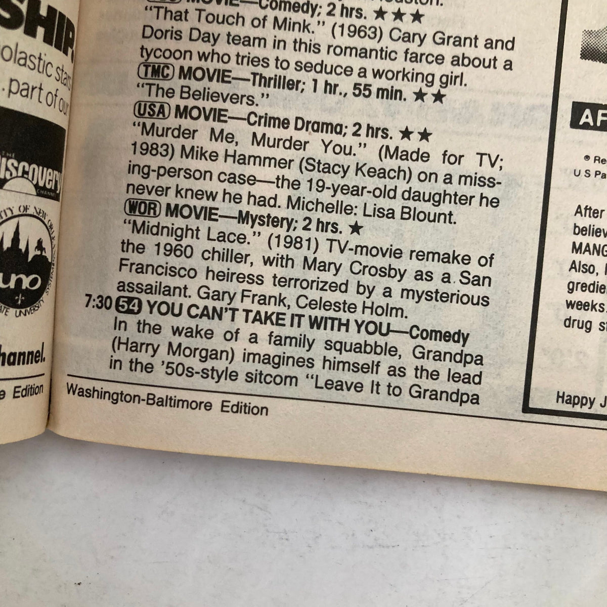 Interior page of TV Guide Magazine June 18 1988 detailing programming highlights, including movie recommendations and television show descriptions for the Washington-Baltimore edition.