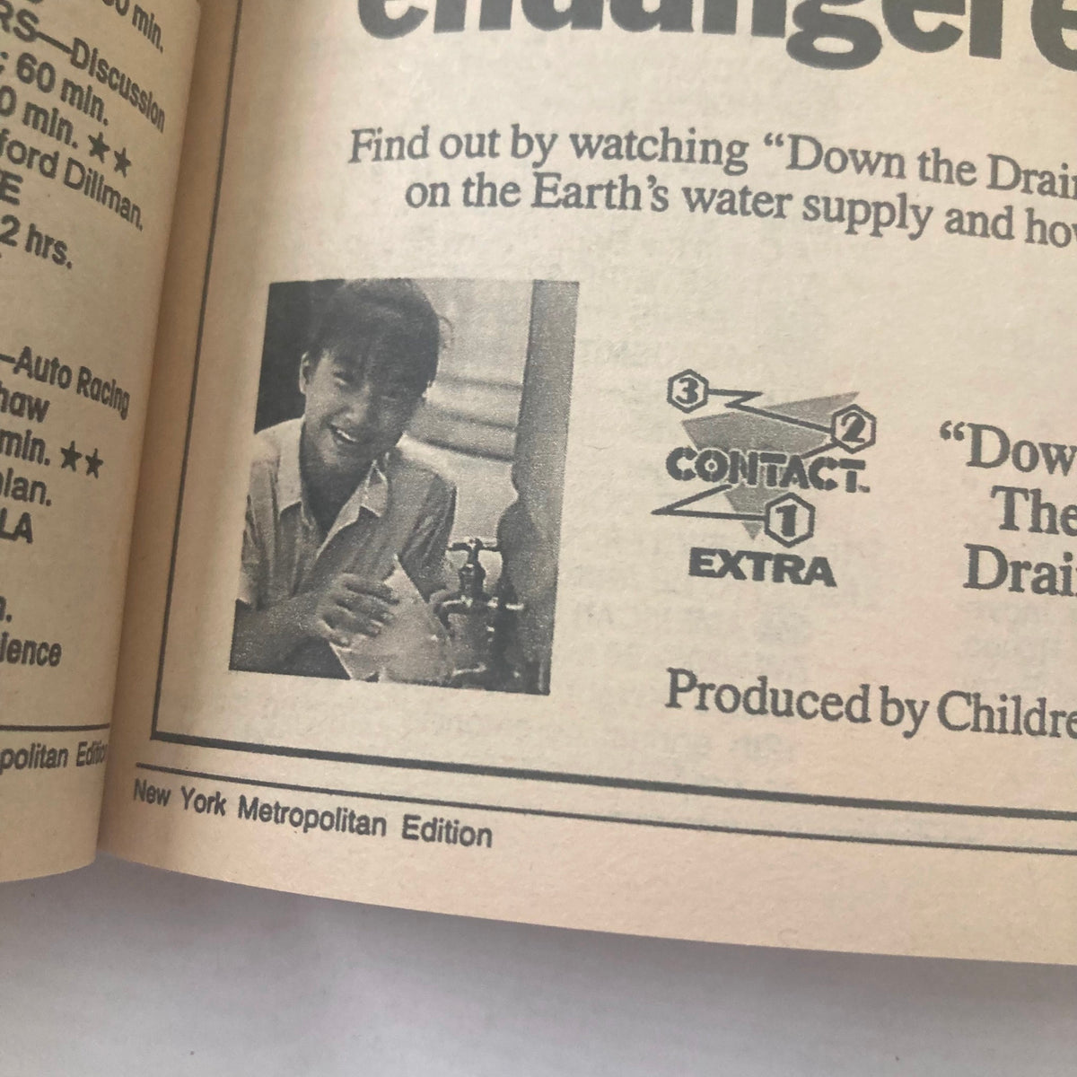 Interior page from TV Guide Magazine January 19 1991 featuring an image of a young male individual discussing water supply awareness with promotional context for the show 'Down the Drain'. The page is part of the New York Metropolitan Edition.